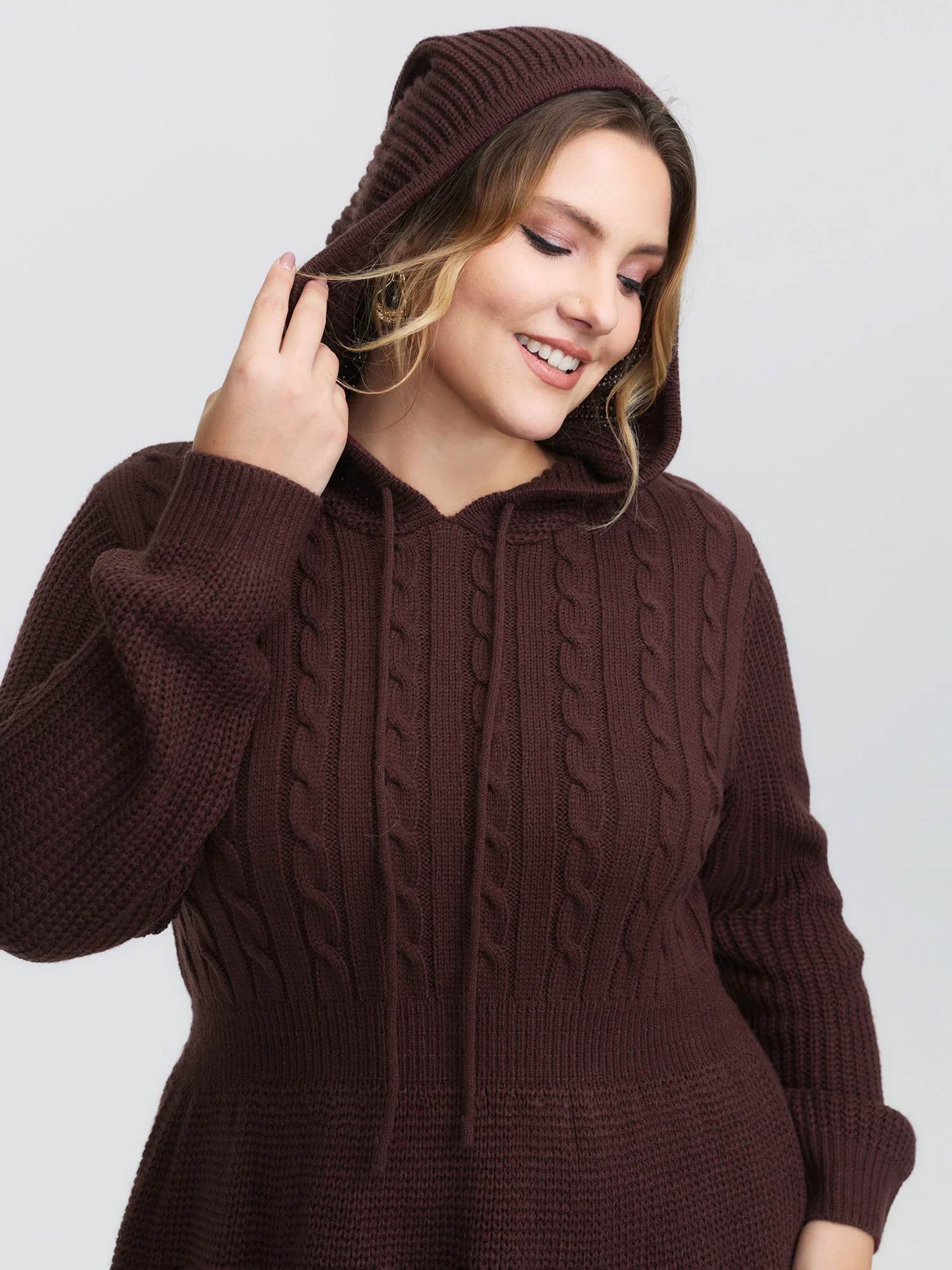 Textured Hooded Cinched-Waist Sweater Dress - Image 2
