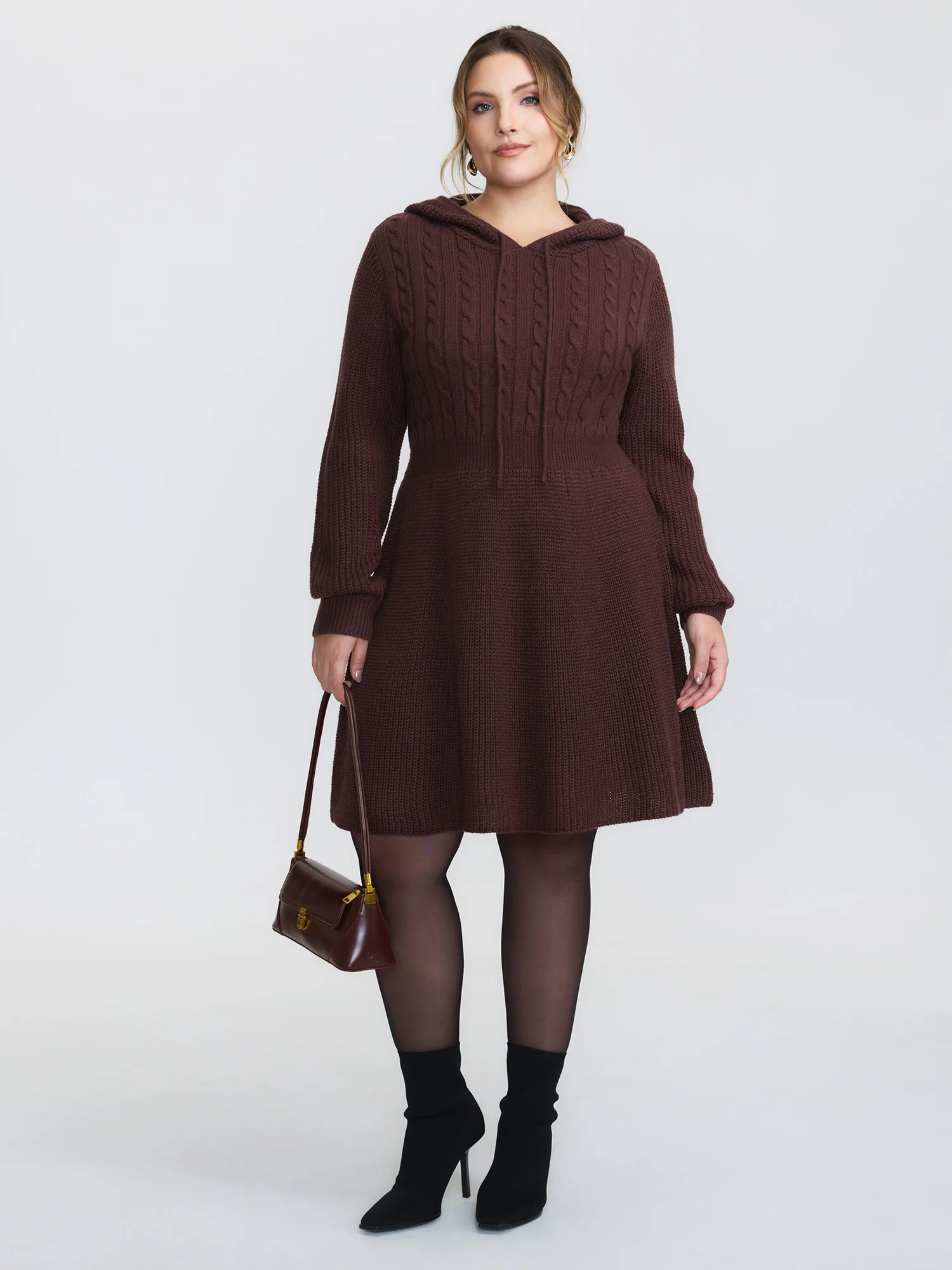 Textured Hooded Cinched-Waist Sweater Dress - Image 3
