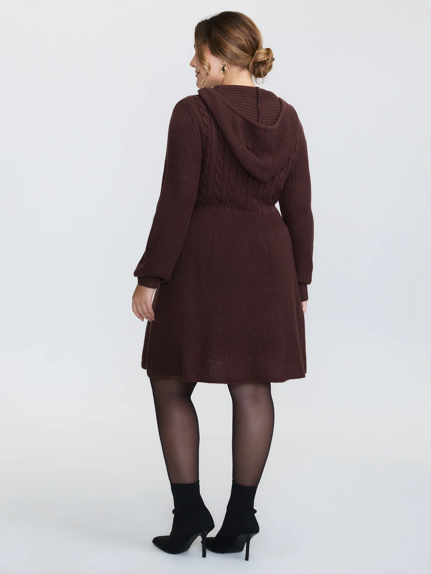 Textured Hooded Cinched-Waist Sweater Dress - Image 4