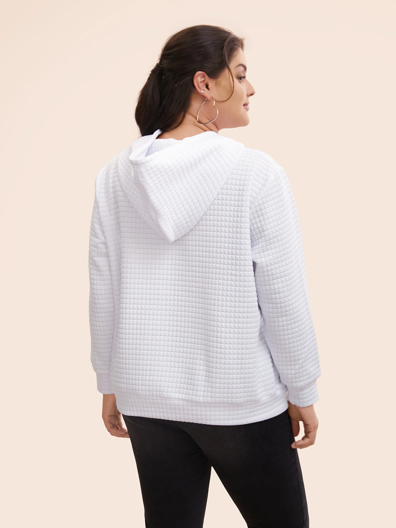 Textured Hooded Drawstring Kangaroo Pocket Sweatshirt - Image 2