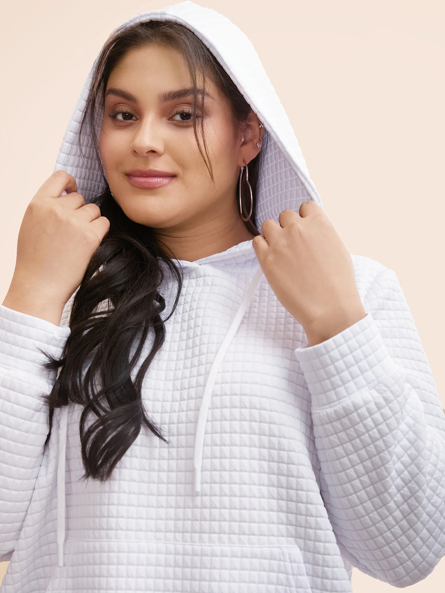 Textured Hooded Drawstring Kangaroo Pocket Sweatshirt - Image 4