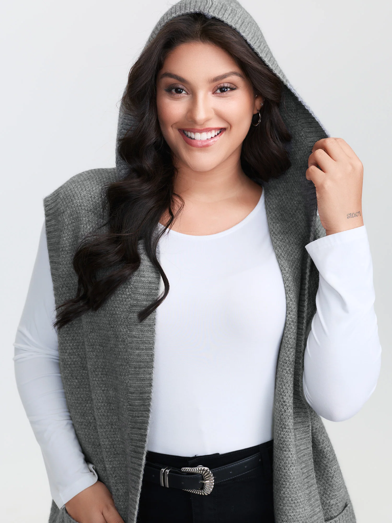 Textured Hooded Pocketed Cardigan - Image 2