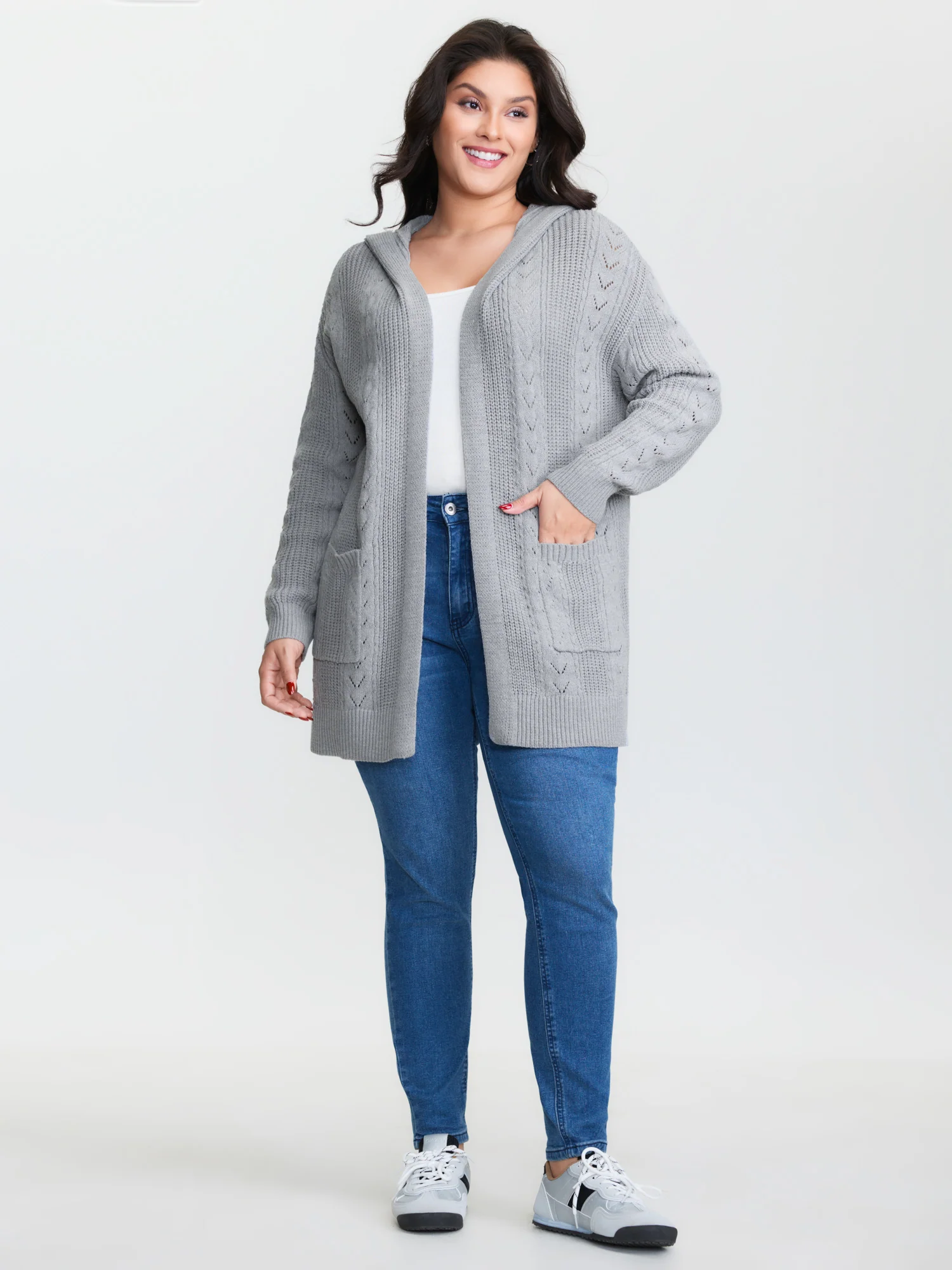 Textured Hooded Pockets Knit Cardigan - Image 2