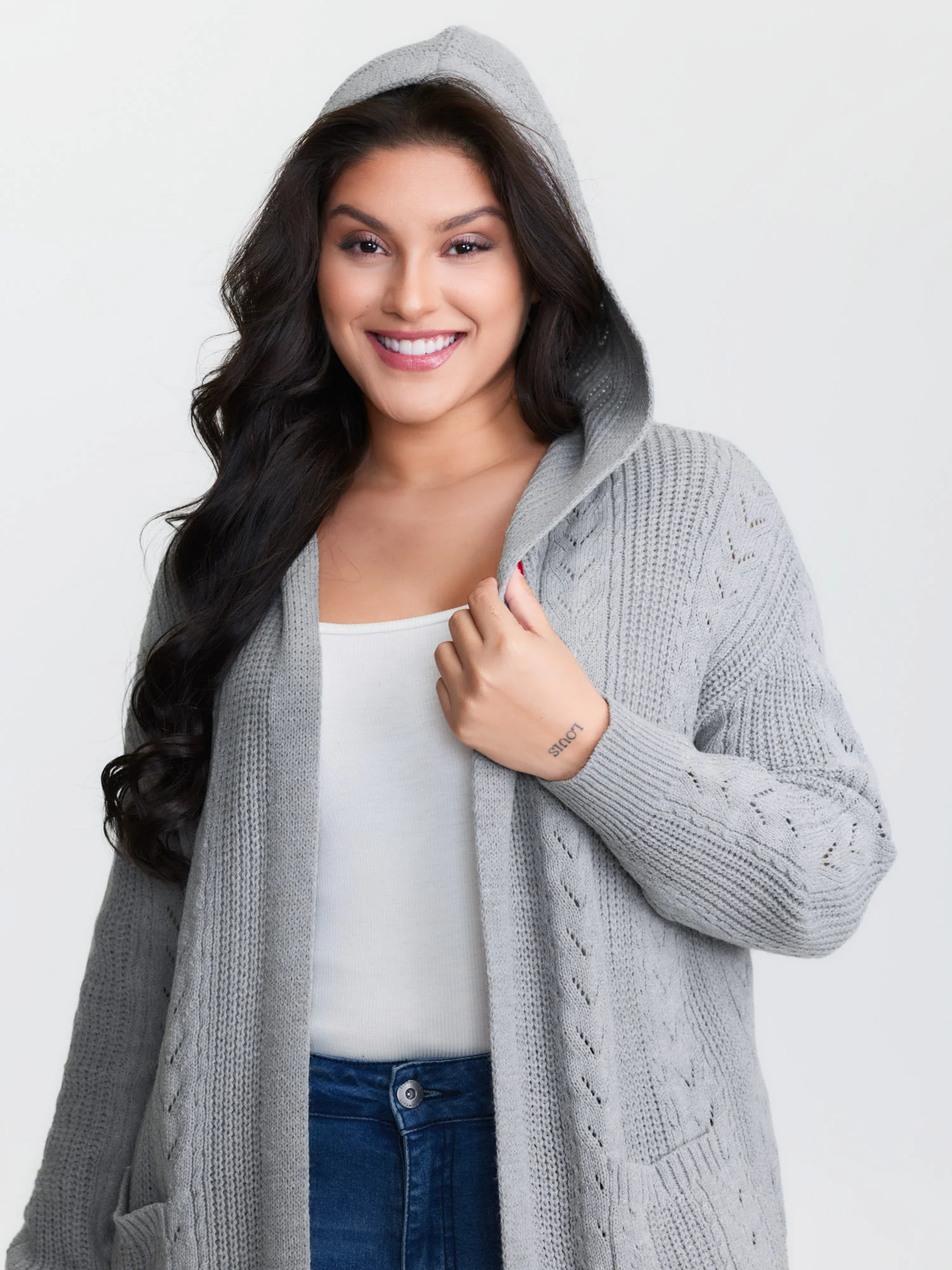 Textured Hooded Pockets Knit Cardigan - Image 3