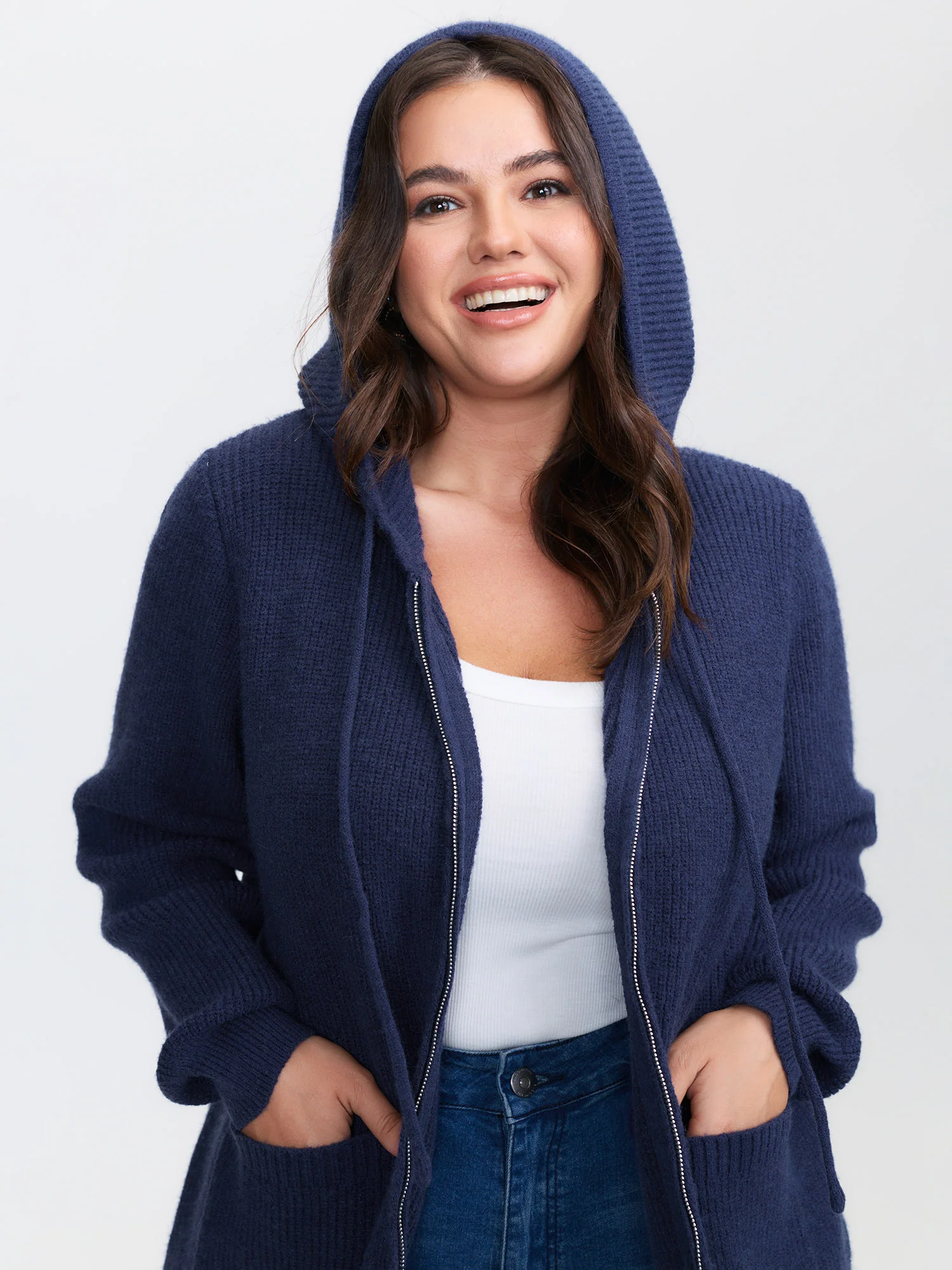 Textured Hooded Pockets Zipper Cardigan - Image 2