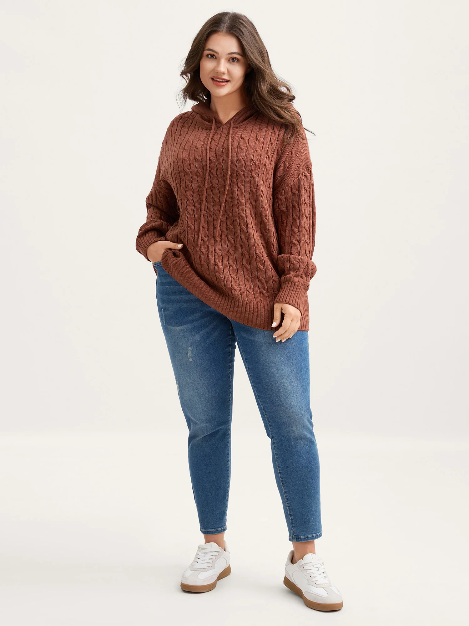 Textured Hooded Ribbed Hem Pullover - Image 3