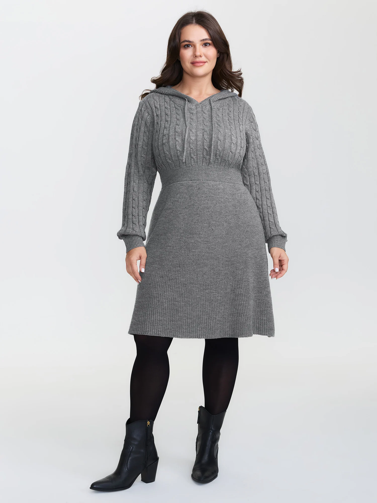 Textured Hooded Waist-Defining Sweater Dress - Image 2
