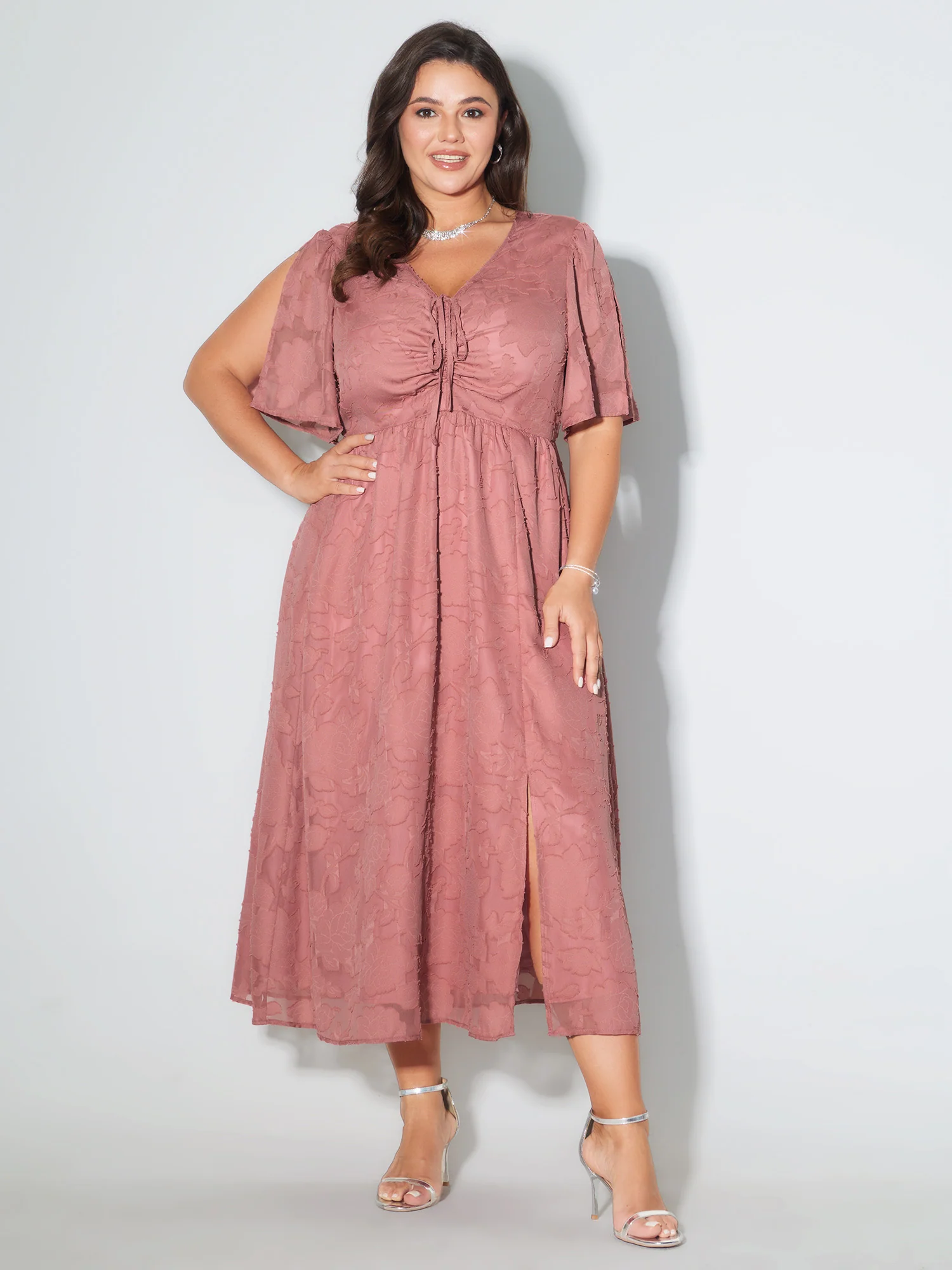 Textured Jacquard Drawstring Slit Midi Dress