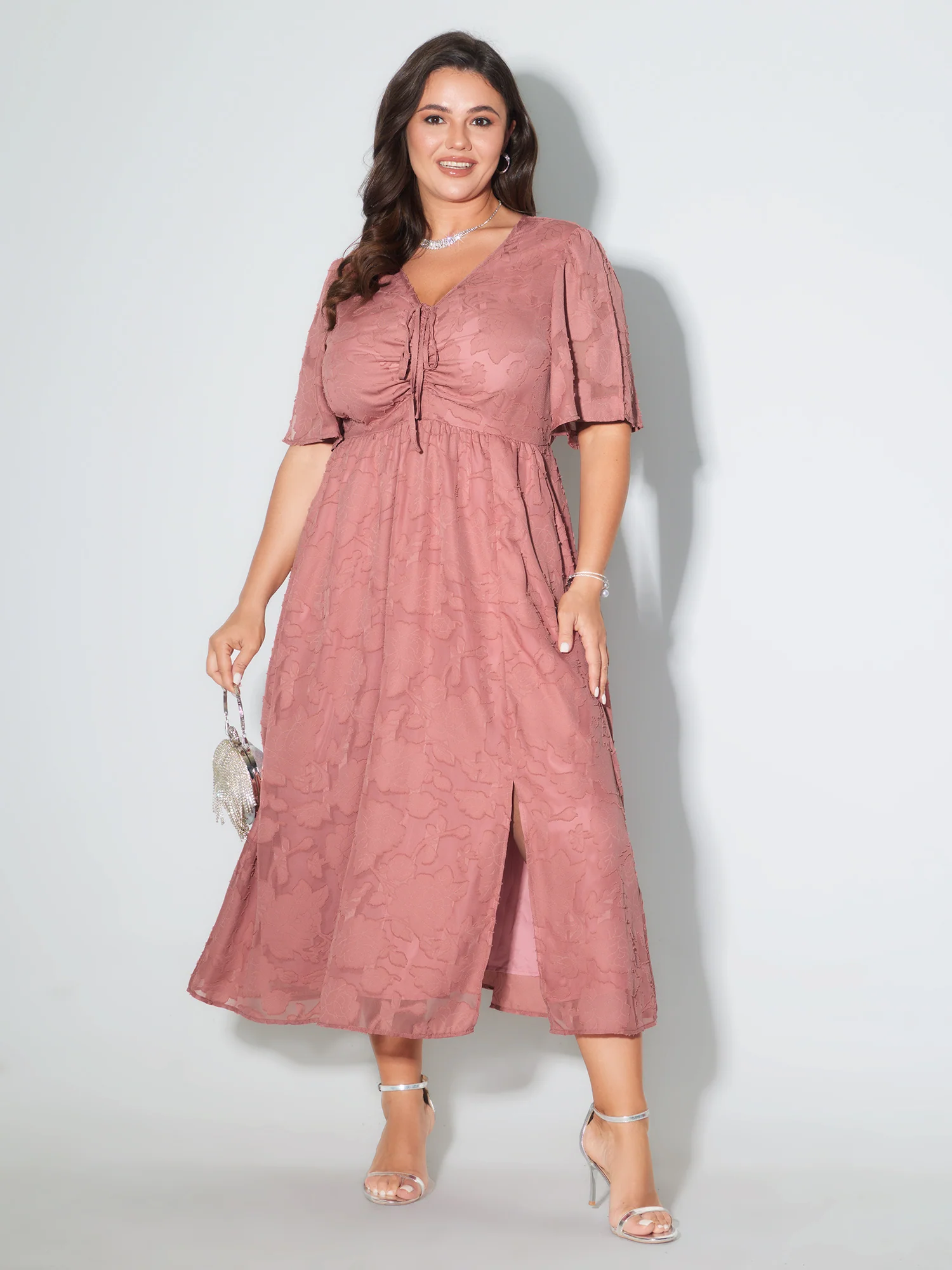 Textured Jacquard Drawstring Slit Midi Dress - Image 2