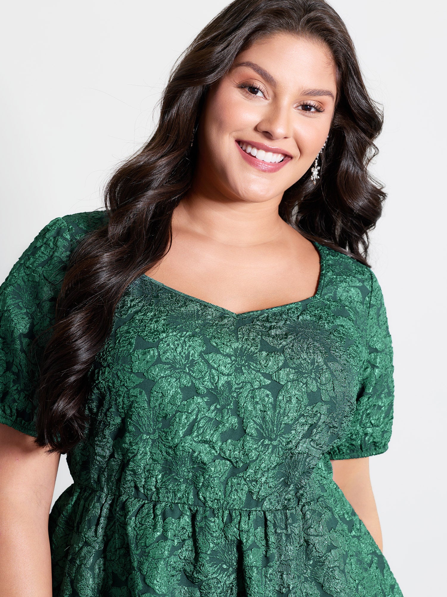 Textured Jacquard Puffy Sleeve Knee Dress - Image 2