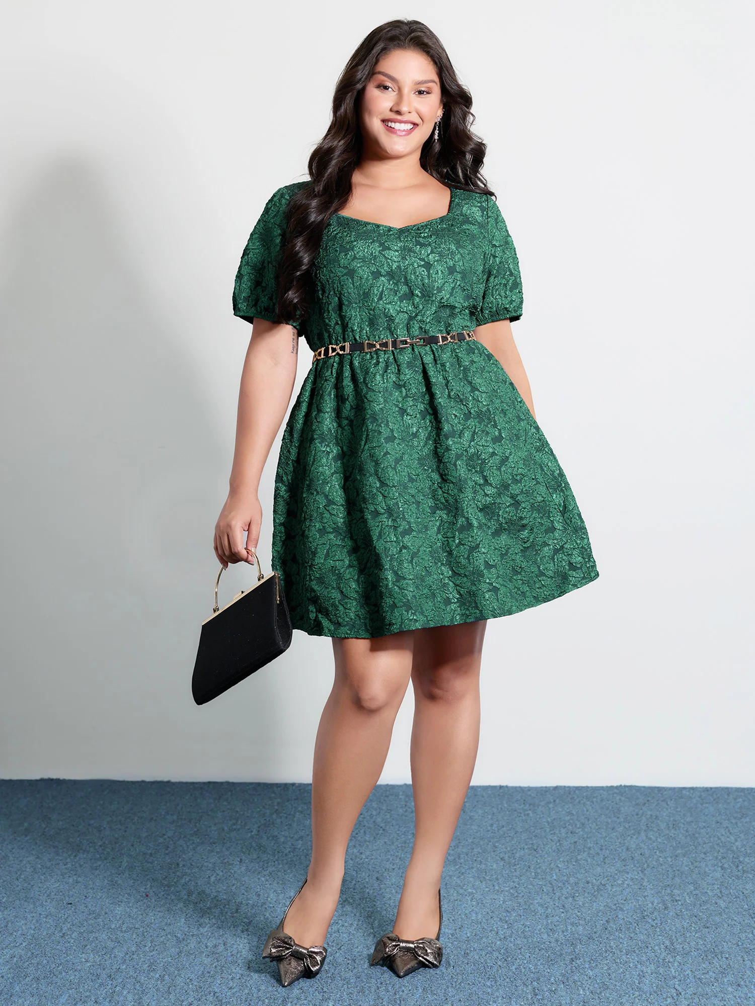 Textured Jacquard Puffy Sleeve Knee Dress - Image 3
