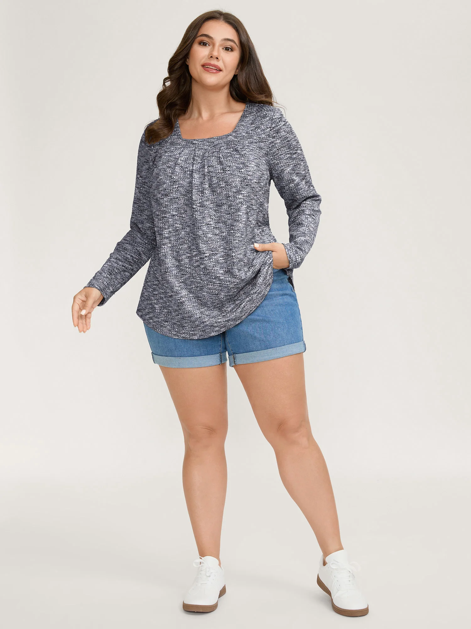 Textured Knit Pleated Neckline Top - Image 17