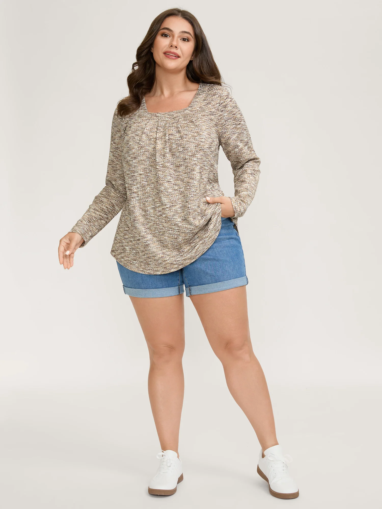 Textured Knit Pleated Neckline Top - Image 3