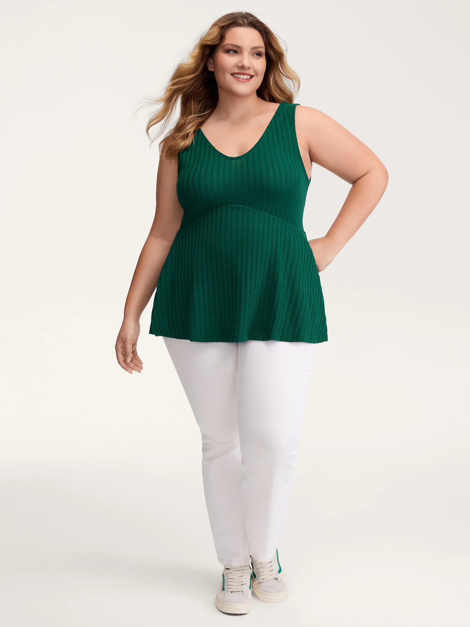 Textured Knit V-Neck Cinched-Waist Tank Top - Image 2