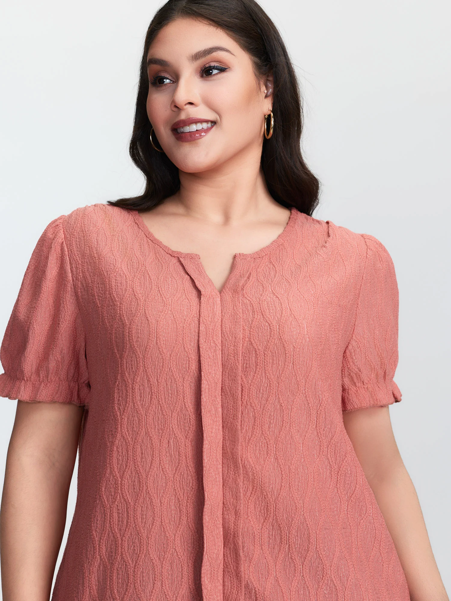 Textured Knot Placket Shirred Cuff Sleeve Top - Image 2