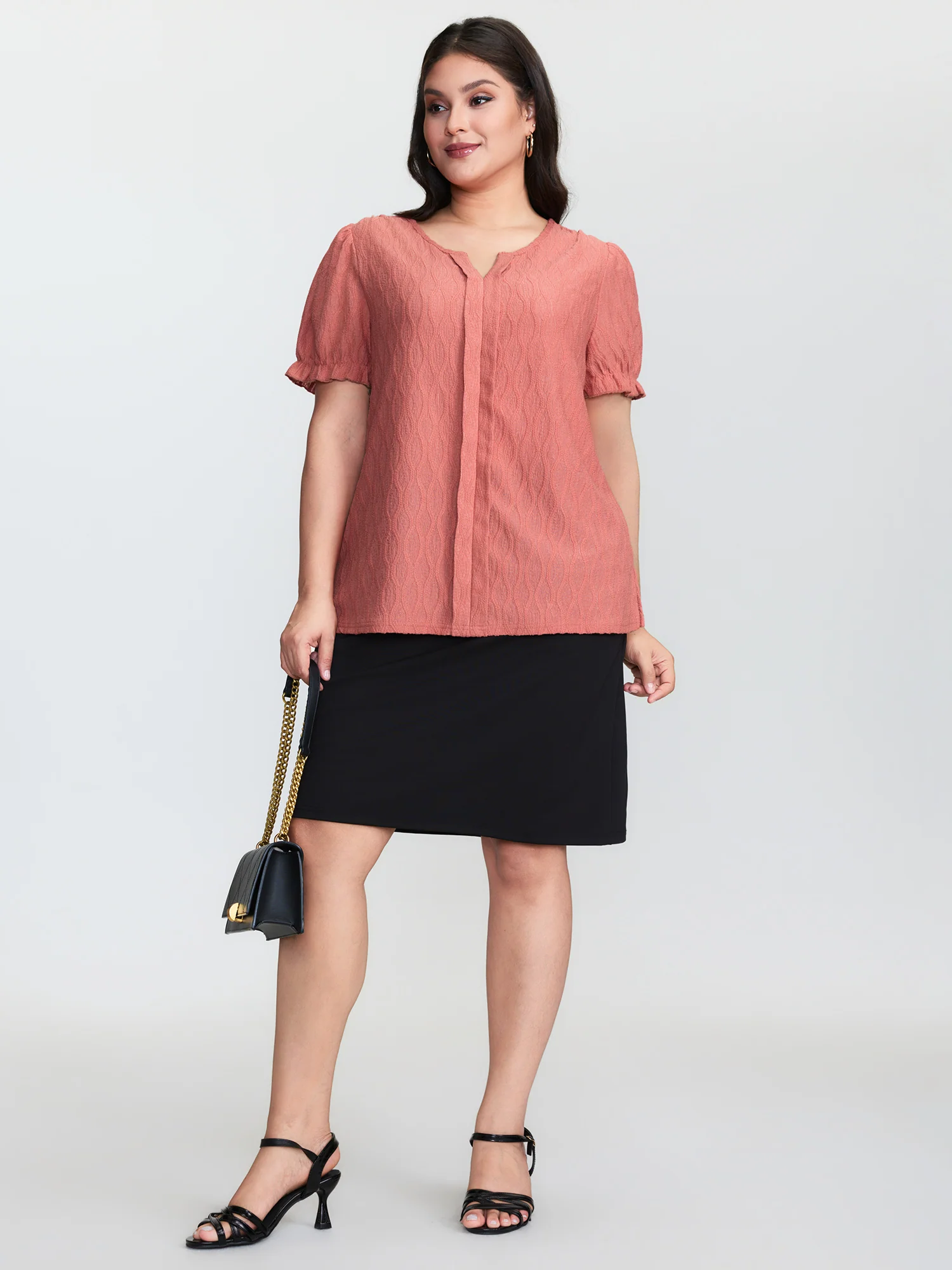Textured Knot Placket Shirred Cuff Sleeve Top - Image 3