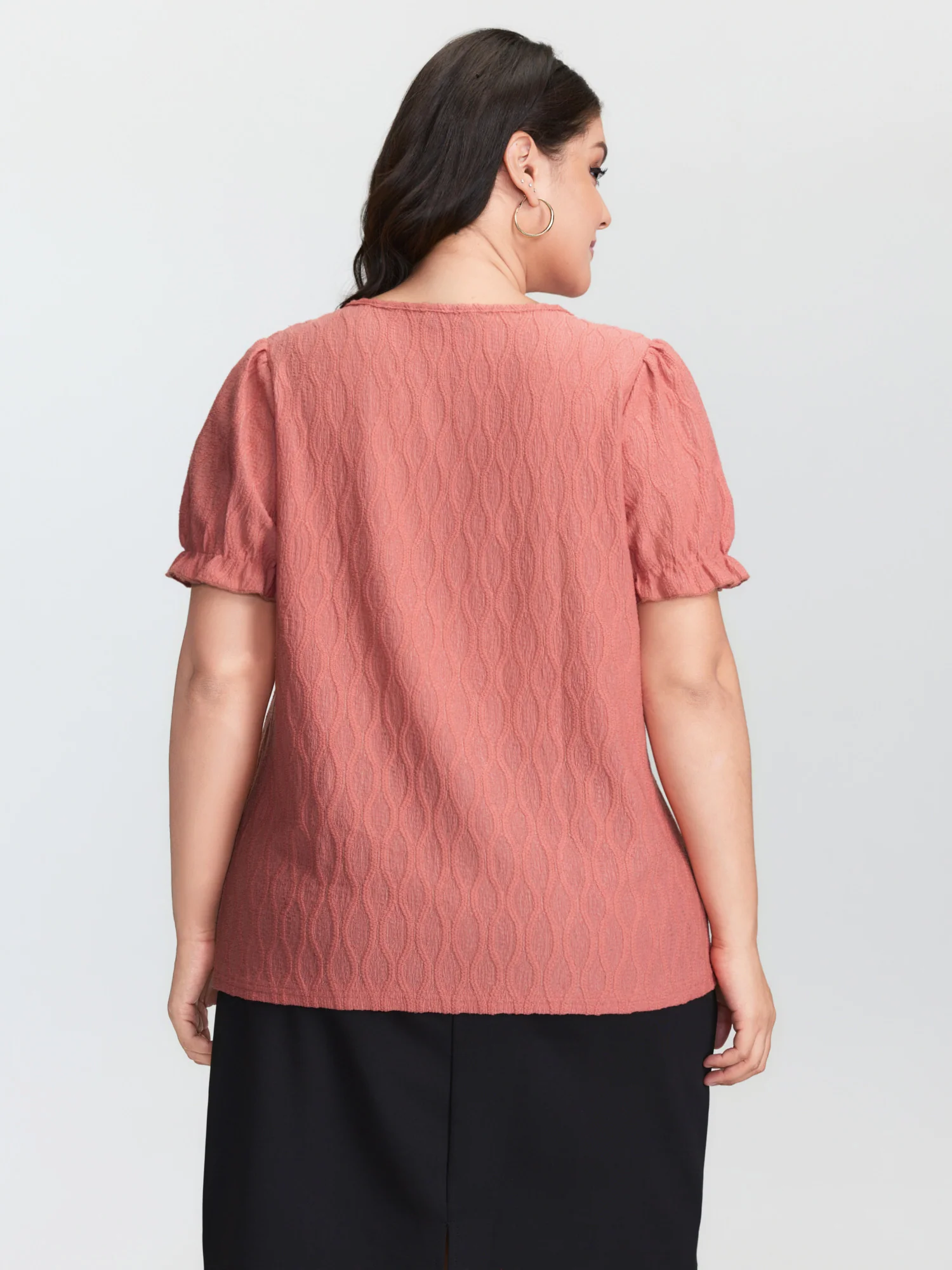 Textured Knot Placket Shirred Cuff Sleeve Top - Image 5