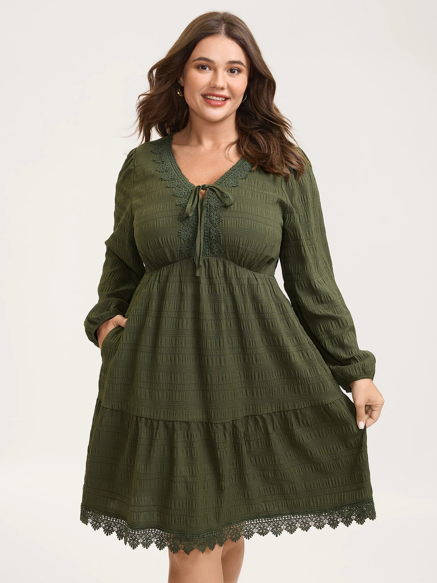 Textured Lace Adjustable Neck-Tie Midi Dress