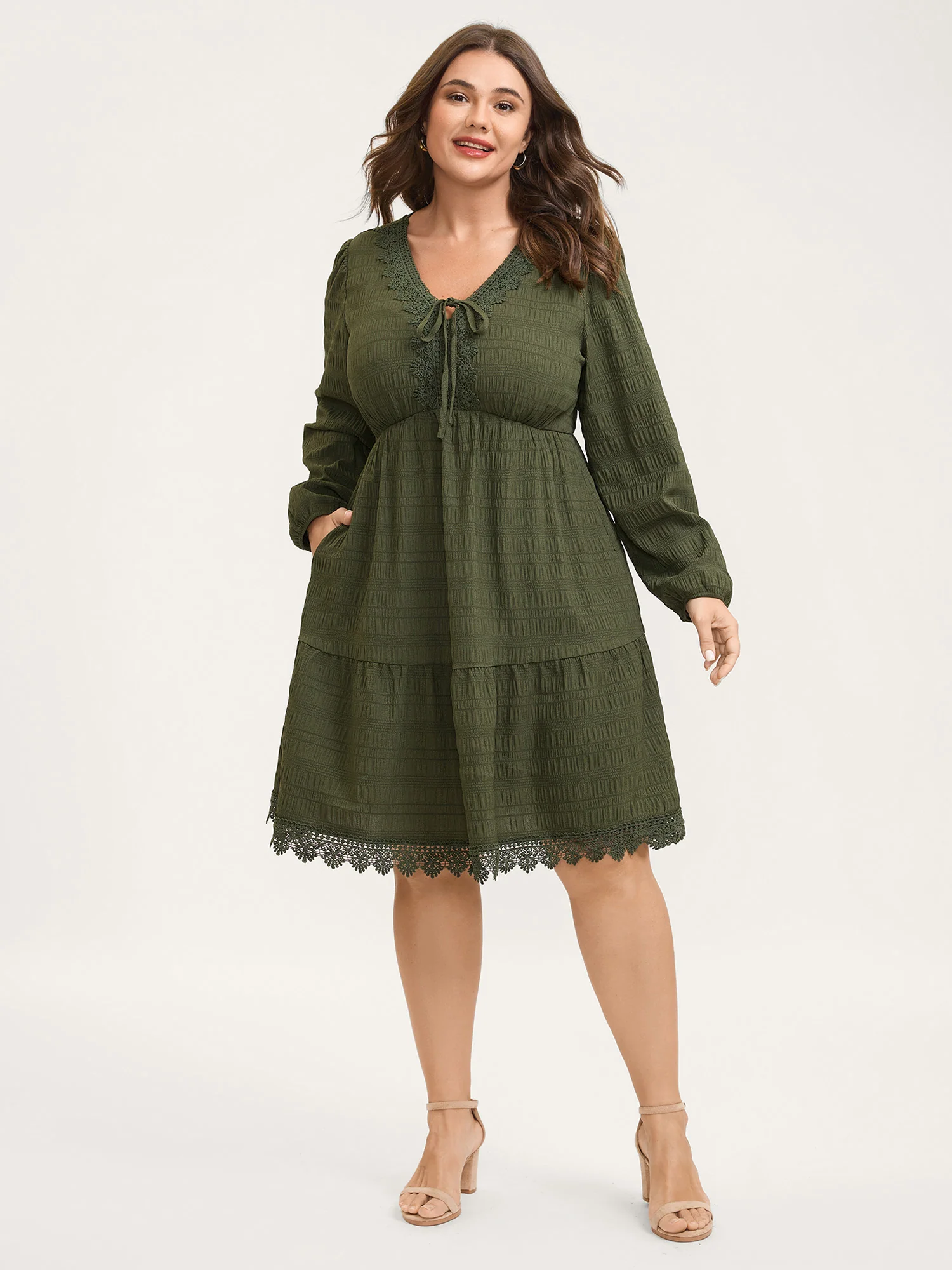 Textured Lace Adjustable Neck-Tie Midi Dress - Image 4