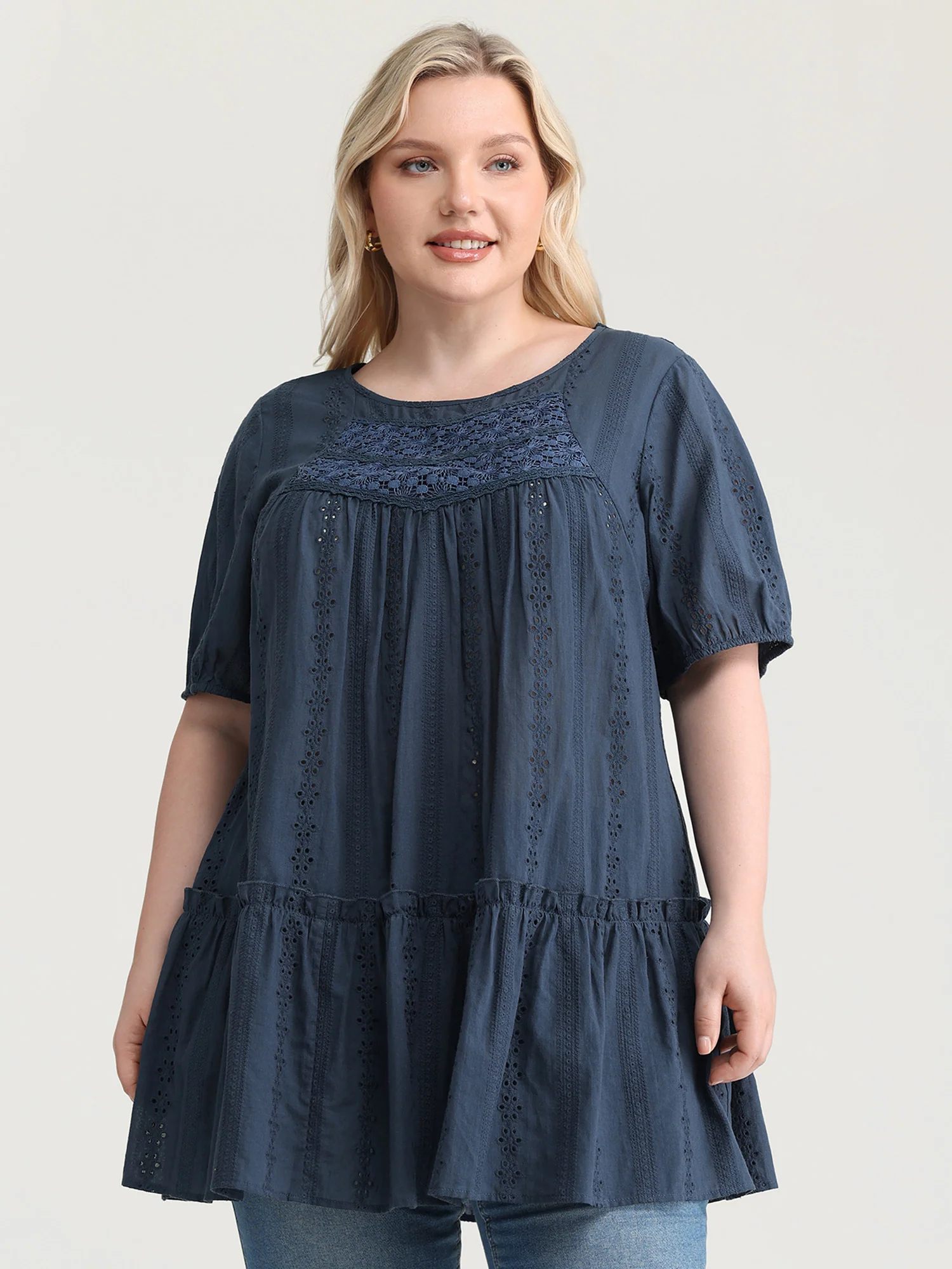 Textured Lace Cut-Out Babydoll Blouse - Image 2