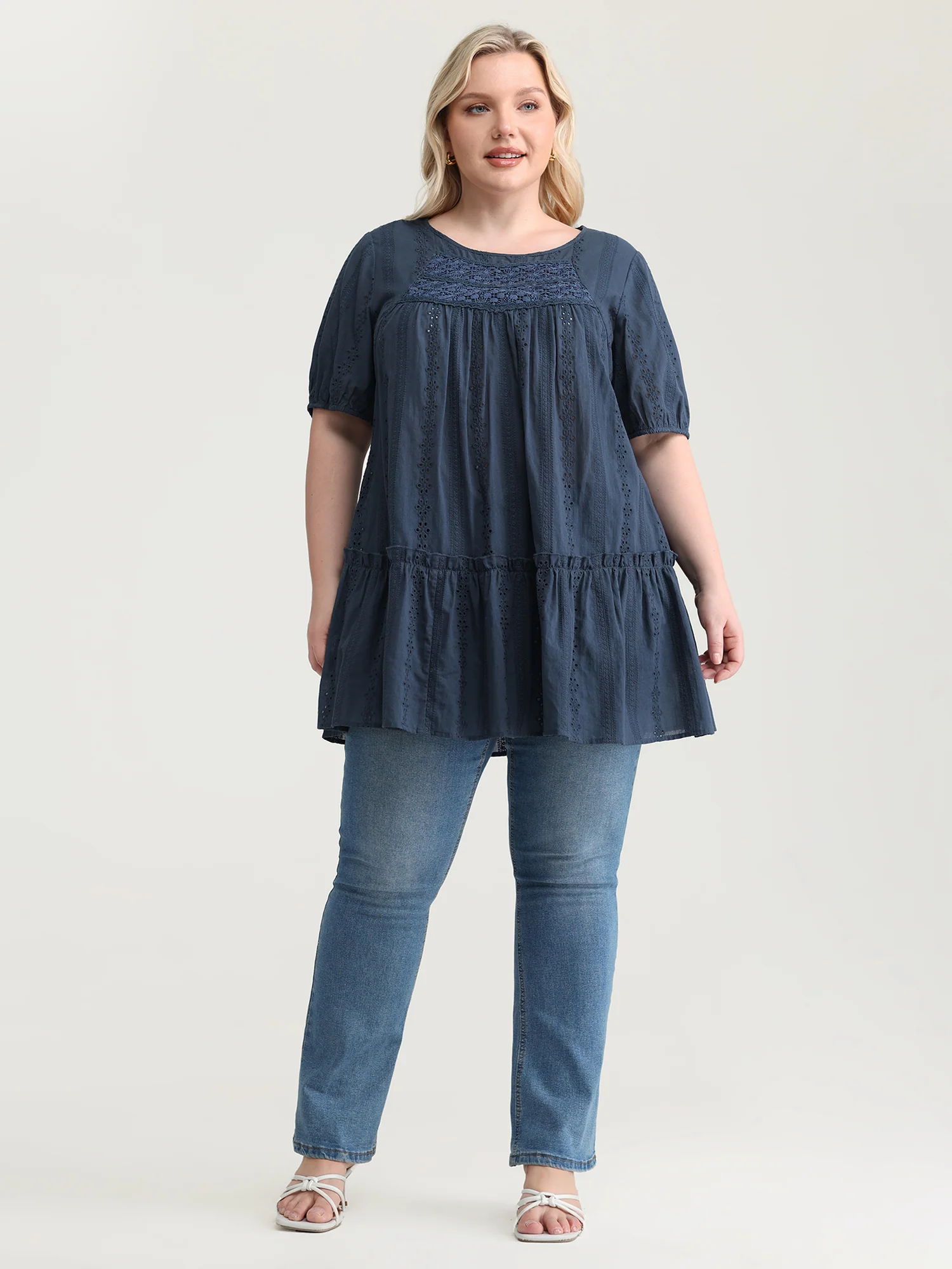 Textured Lace Cut-Out Babydoll Blouse - Image 3