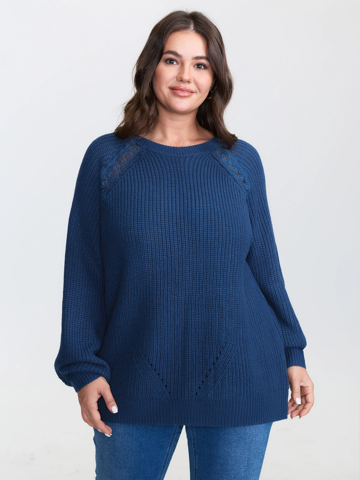 Textured Lace Cut-Out Shoulder Pullover