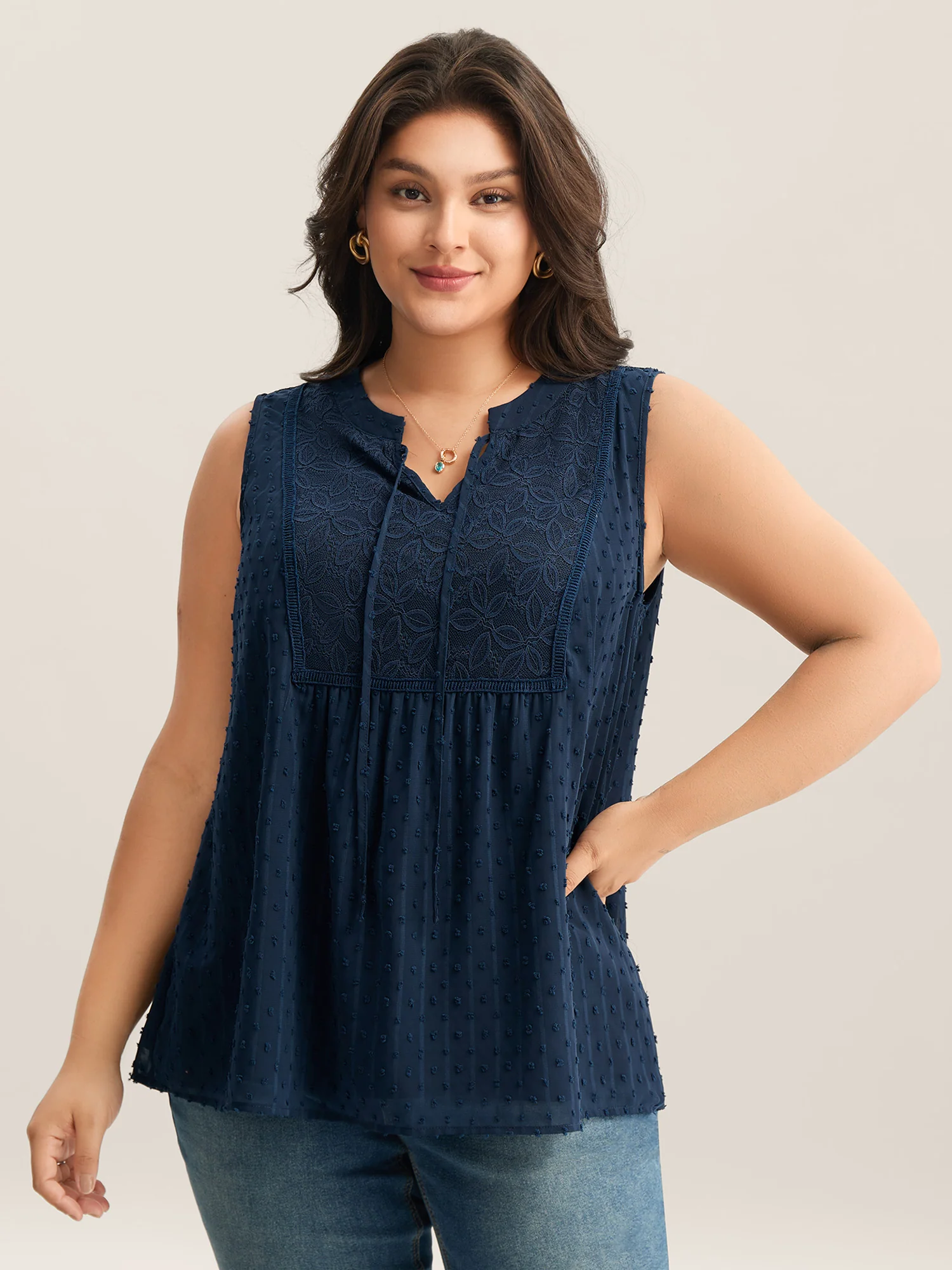 Textured Lace Detail Neck Tie Sleeveless Top - Image 2