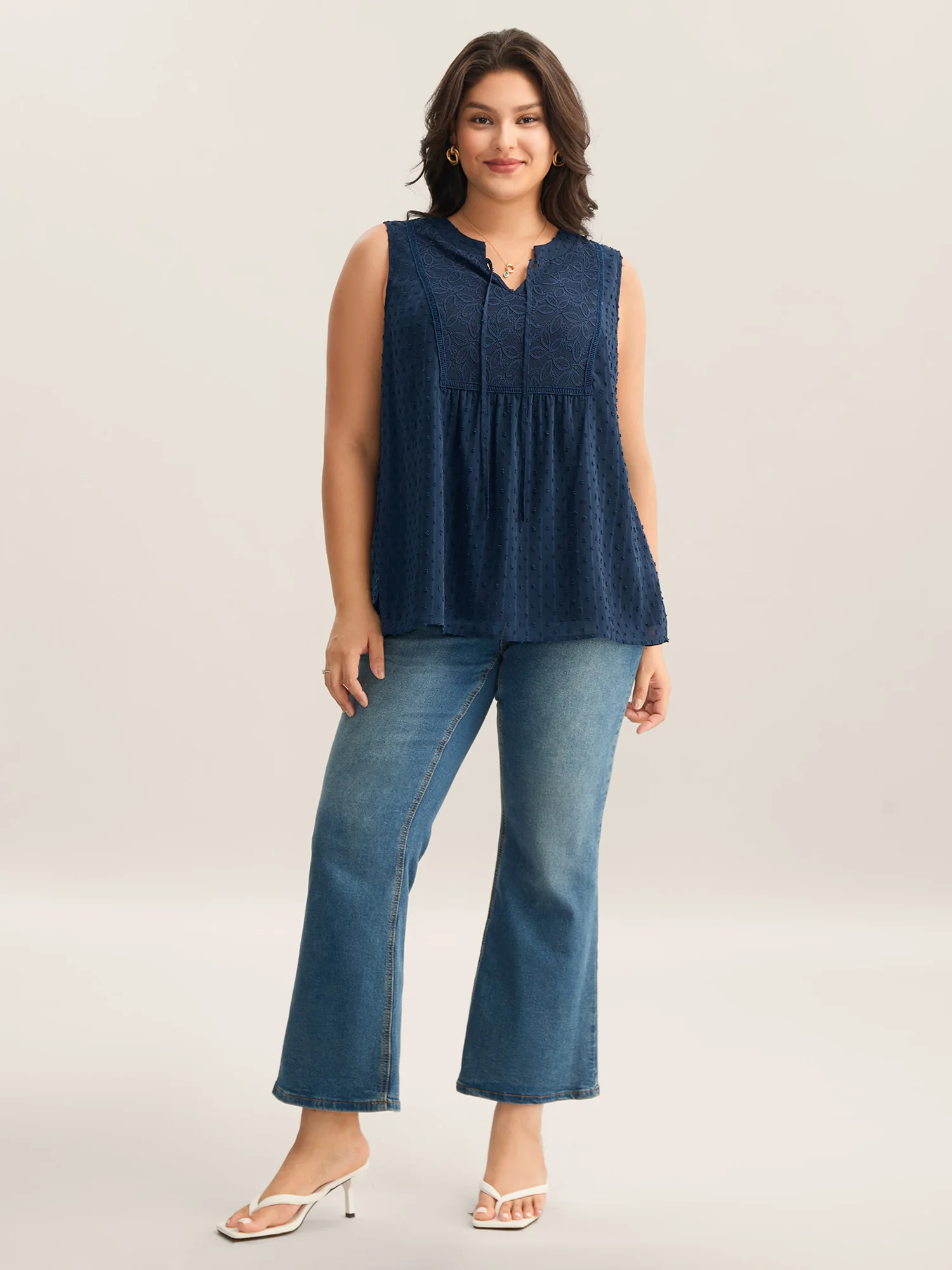 Textured Lace Detail Neck Tie Sleeveless Top - Image 5