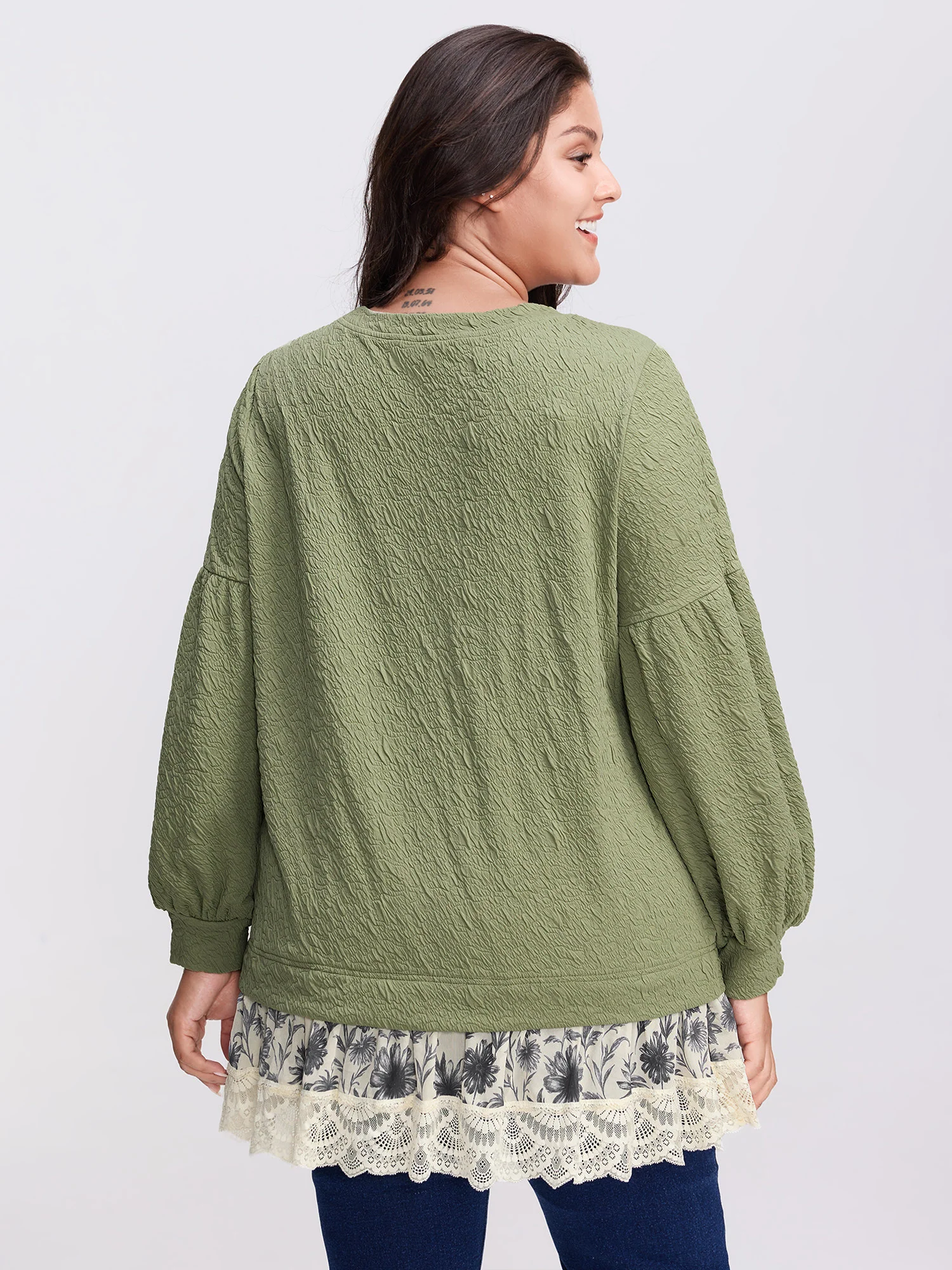 Textured Lace Layered Balloon Sleeve Sweatshirt - Image 4