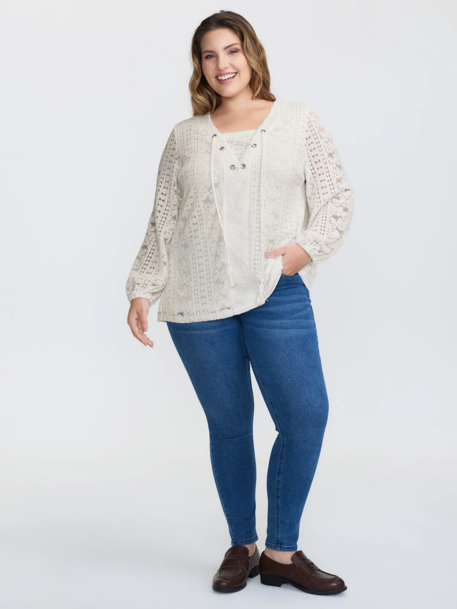 Textured Lace Neck Tie-Up Blouse - Image 2