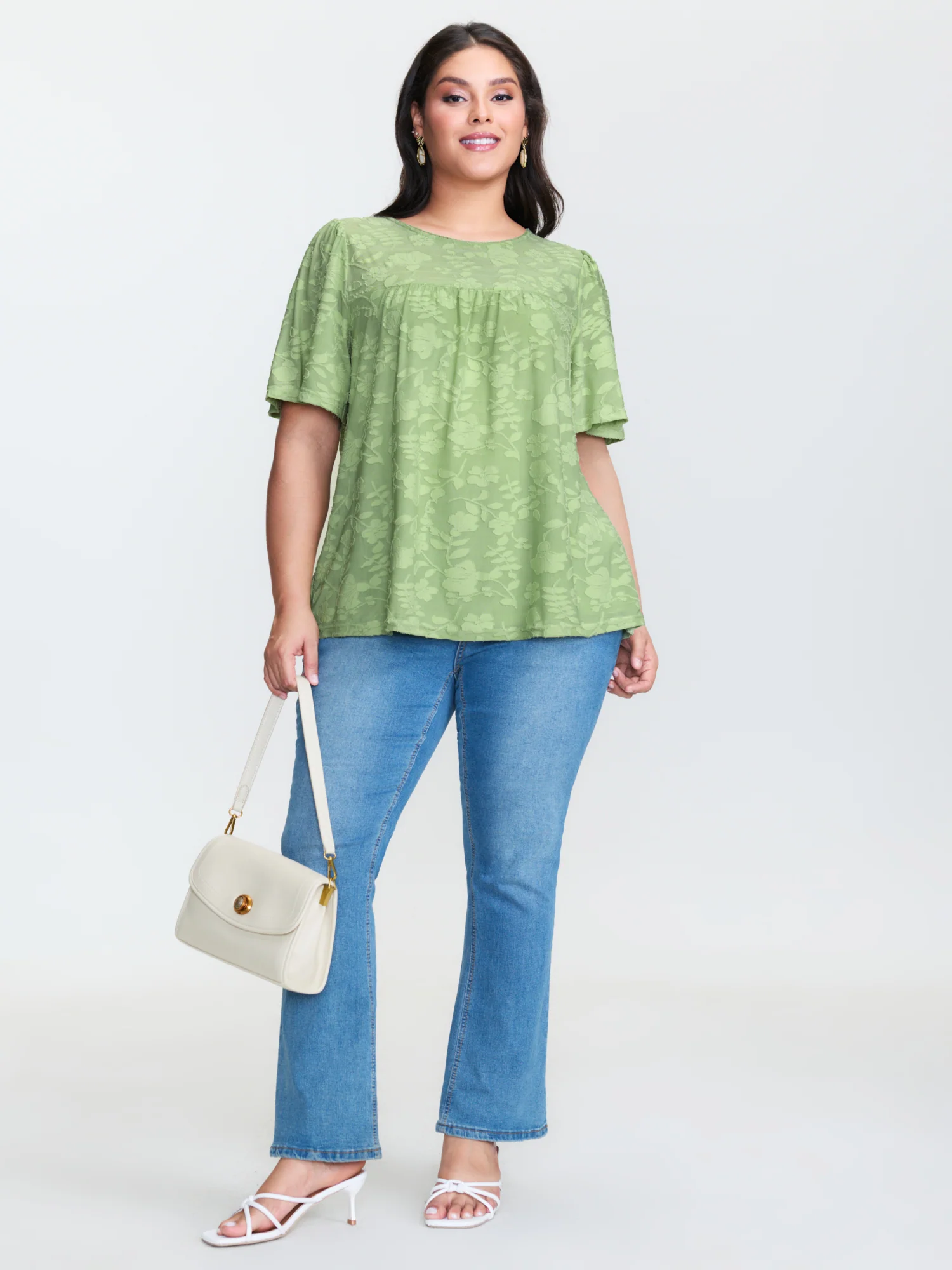 Textured Lace Neckline Flowy Sleeve Blouse - Image 3