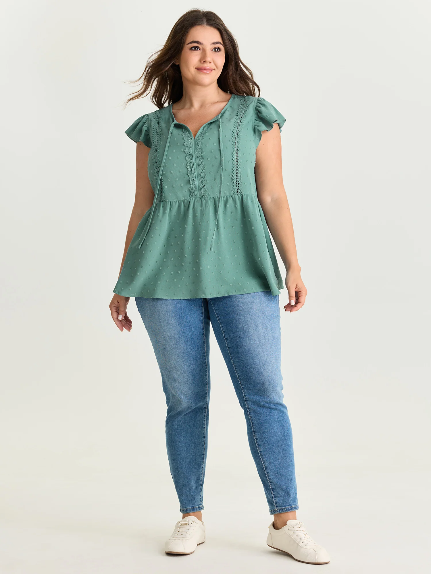 Textured Lace Panels Keyhole Neckline Blouse - Image 3