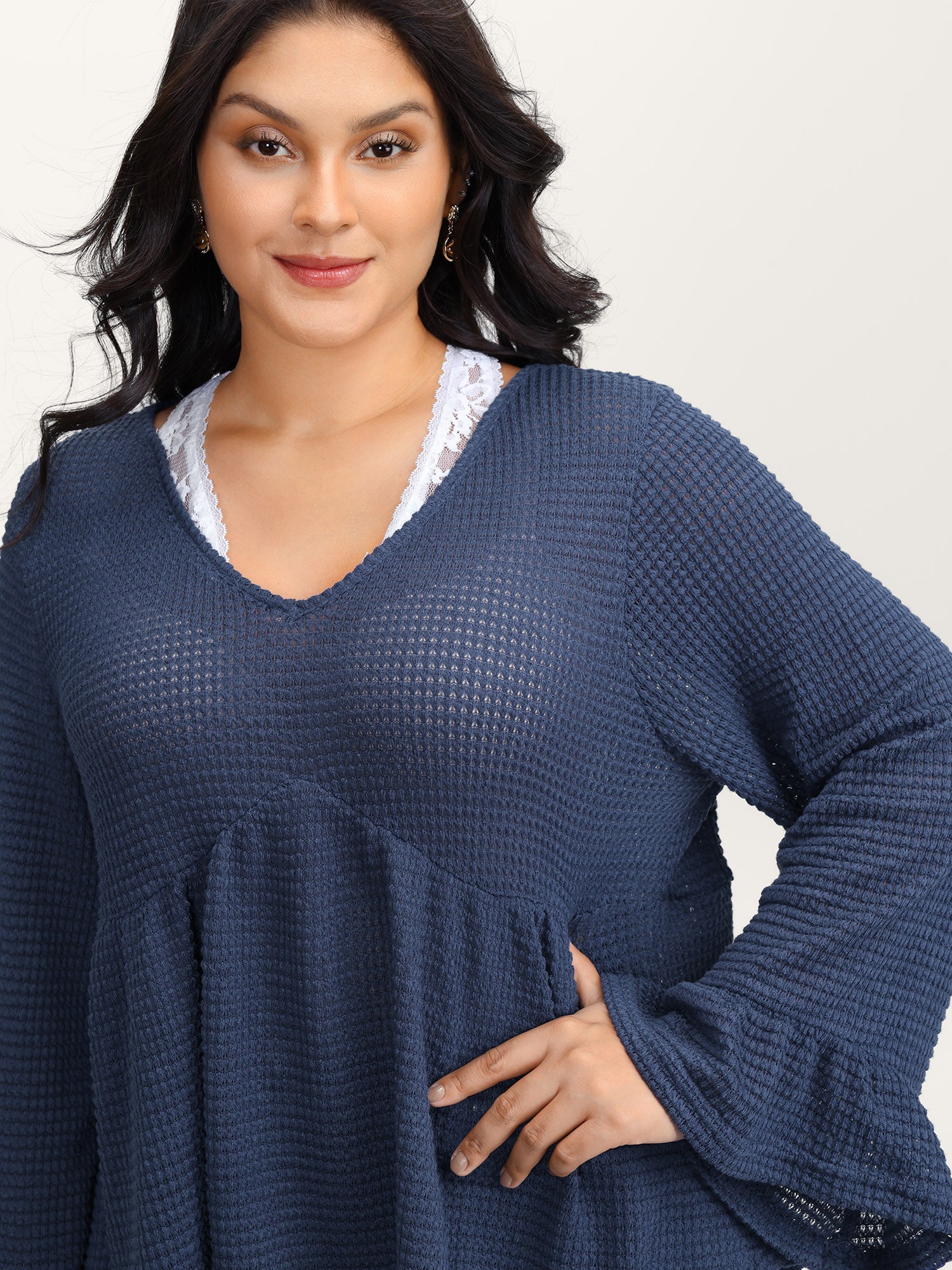 Textured Lace Ruffled Sleeve Knit Top - Image 2