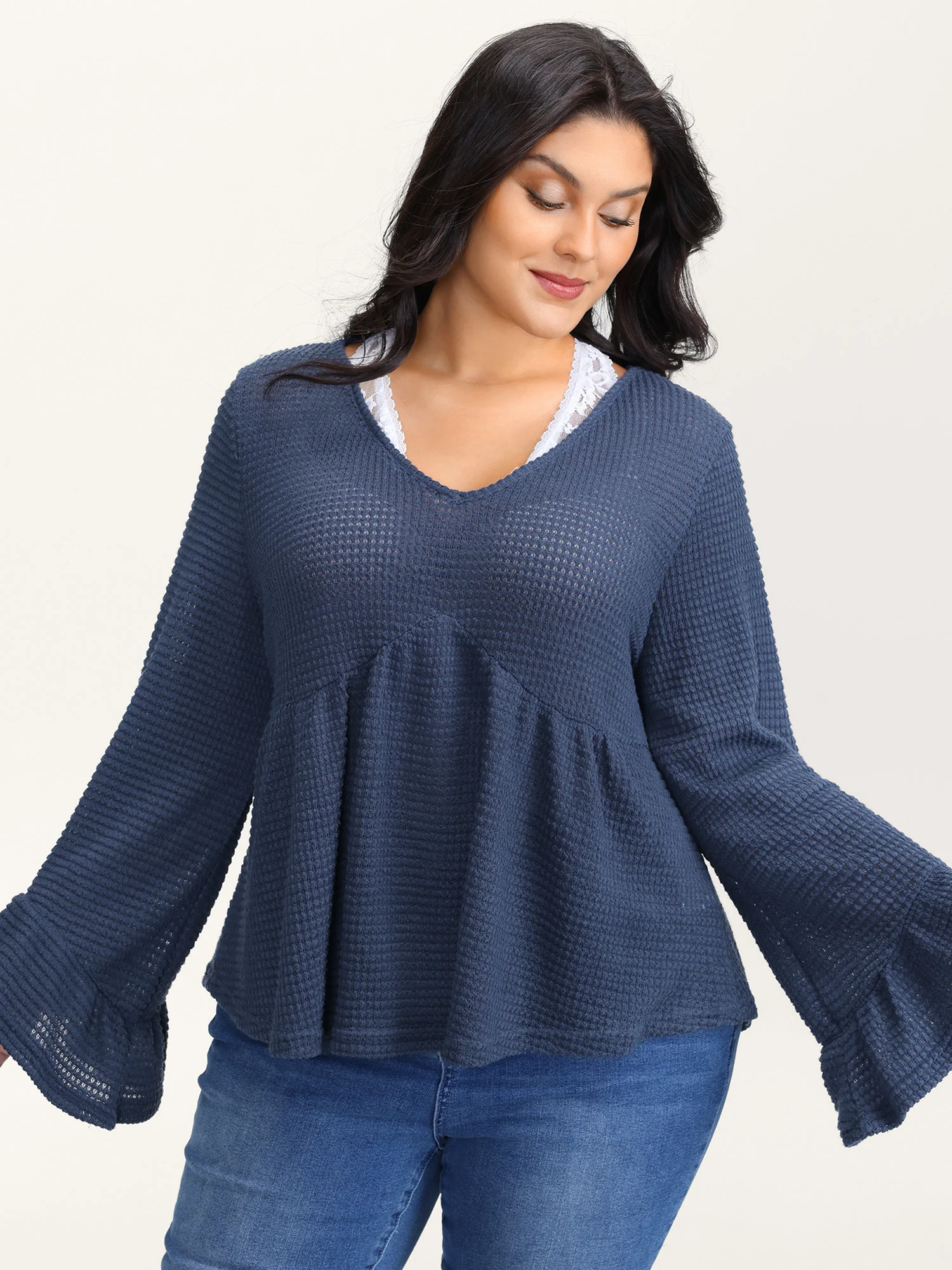 Textured Lace Ruffled Sleeve Knit Top - Image 3