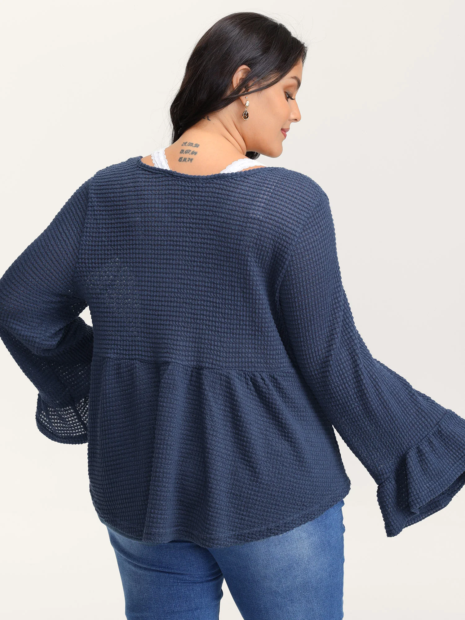 Textured Lace Ruffled Sleeve Knit Top - Image 5