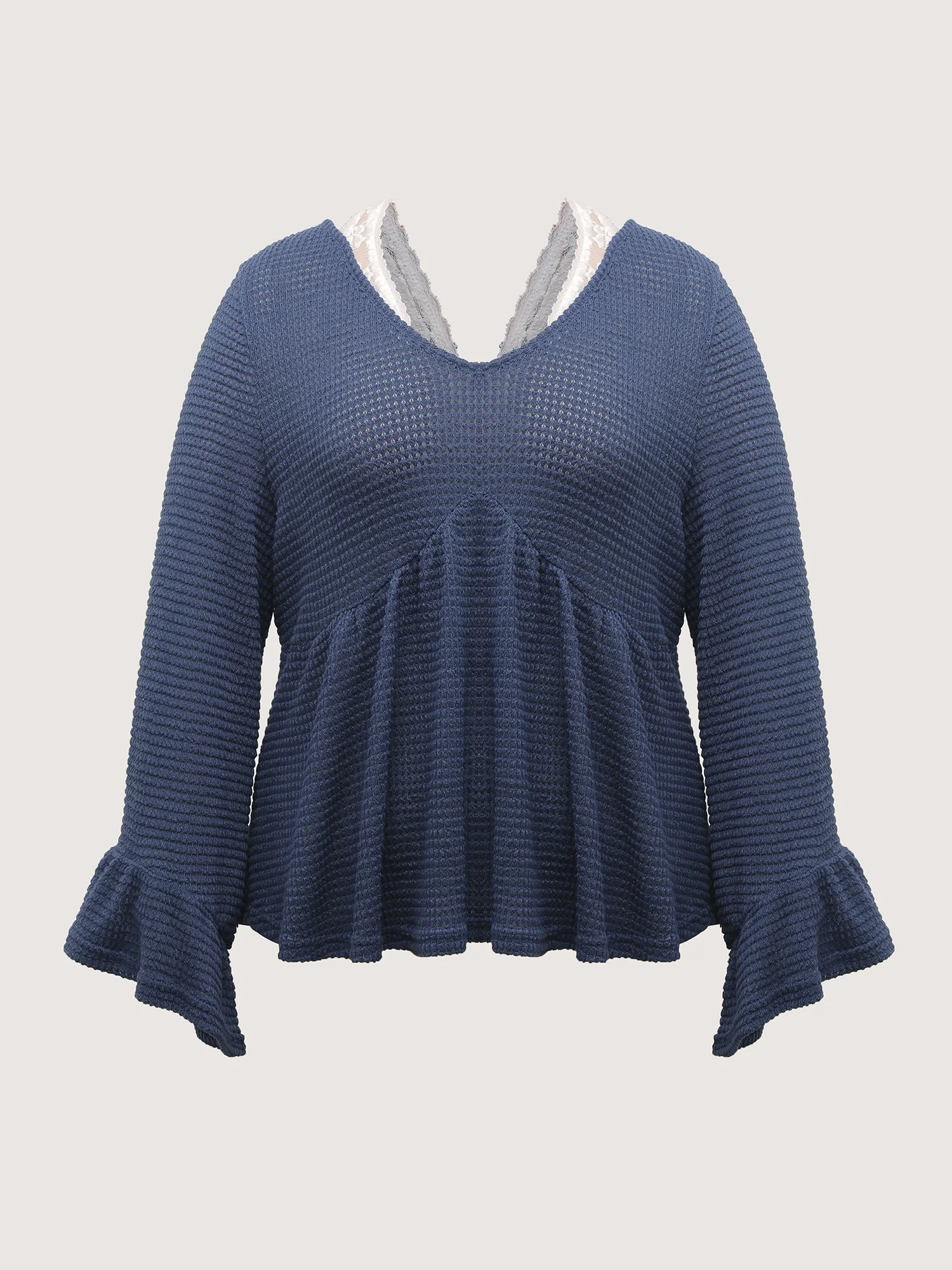 Textured Lace Ruffled Sleeve Knit Top - Image 8