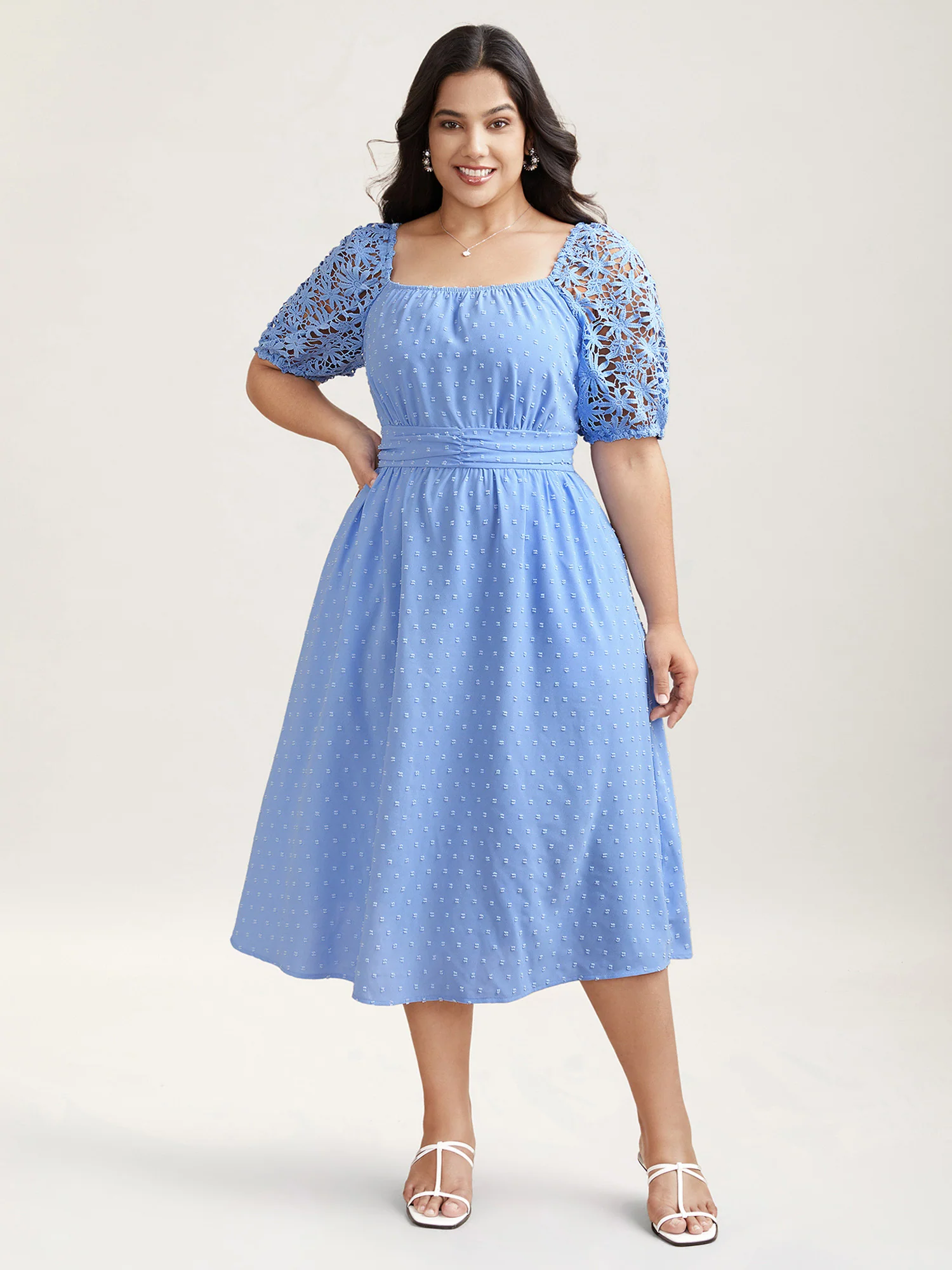 Textured Lace Sleeve Stretchy Waist Midi Dress - Image 3