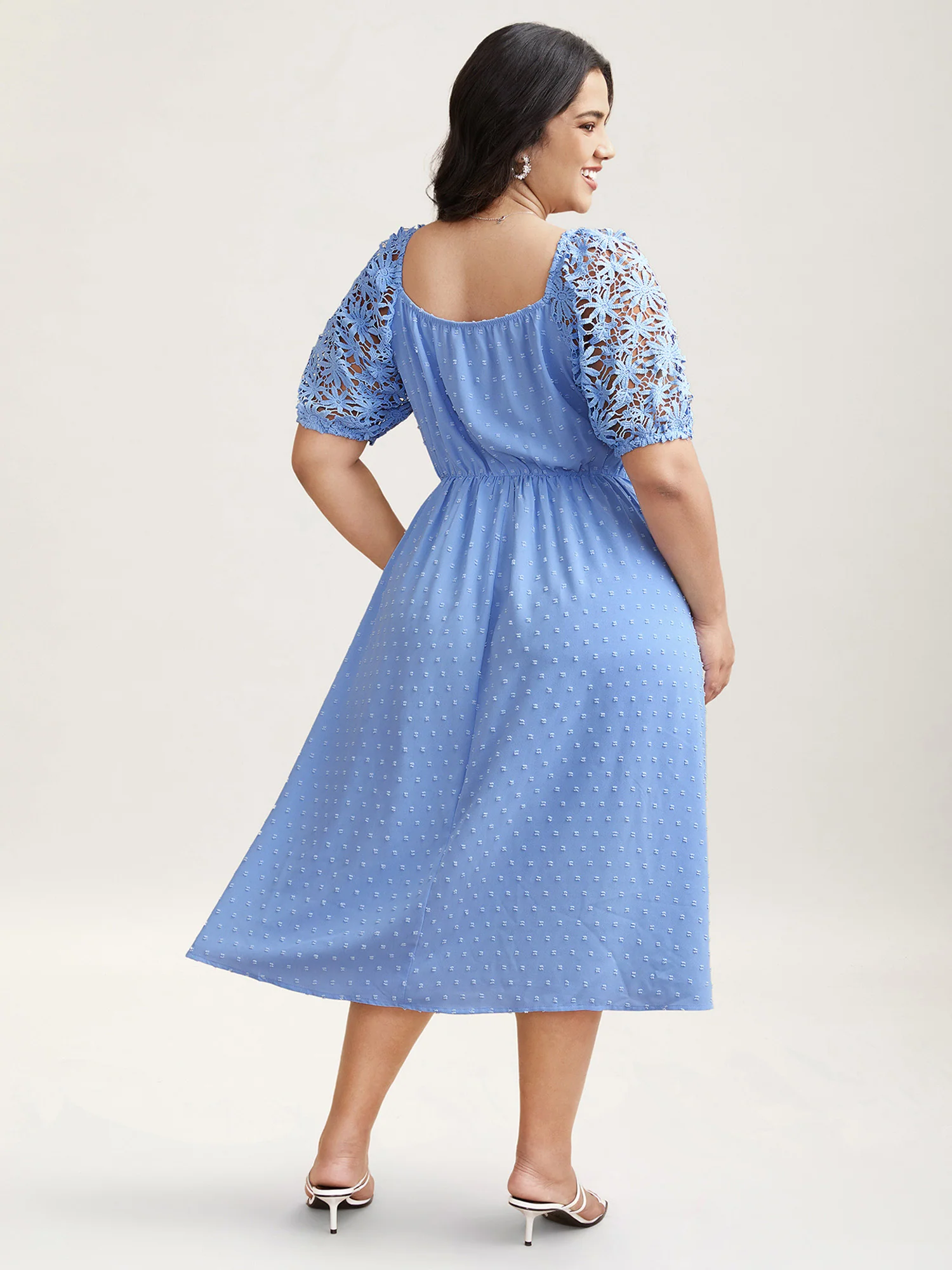 Textured Lace Sleeve Stretchy Waist Midi Dress - Image 4