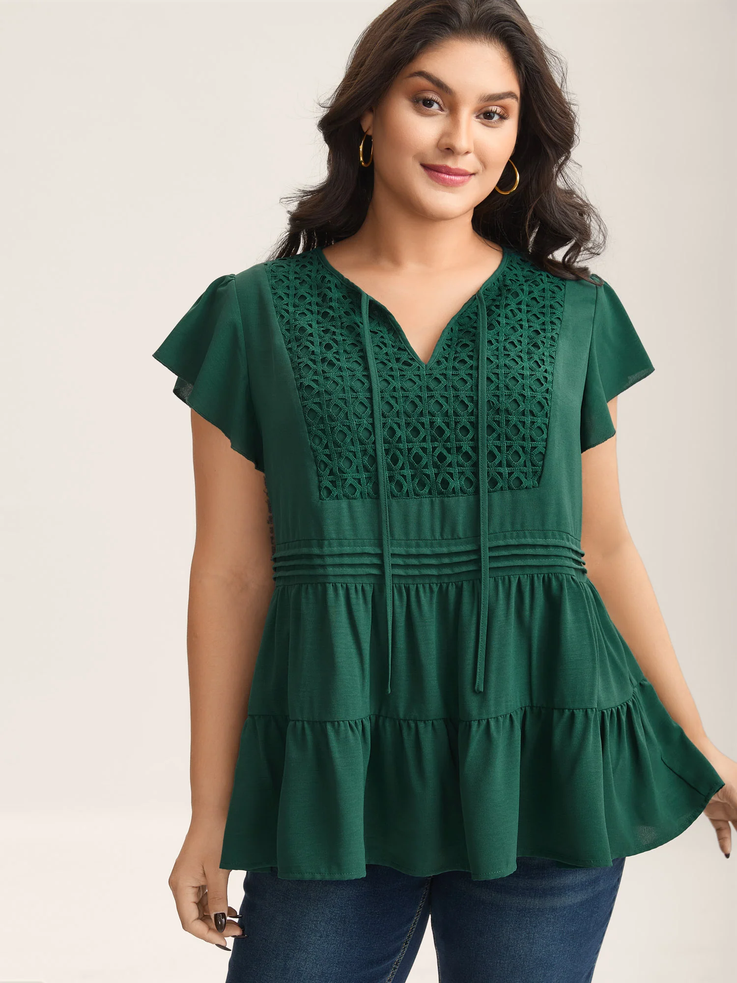Textured Lace Tiered Solid Blouse - Image 2