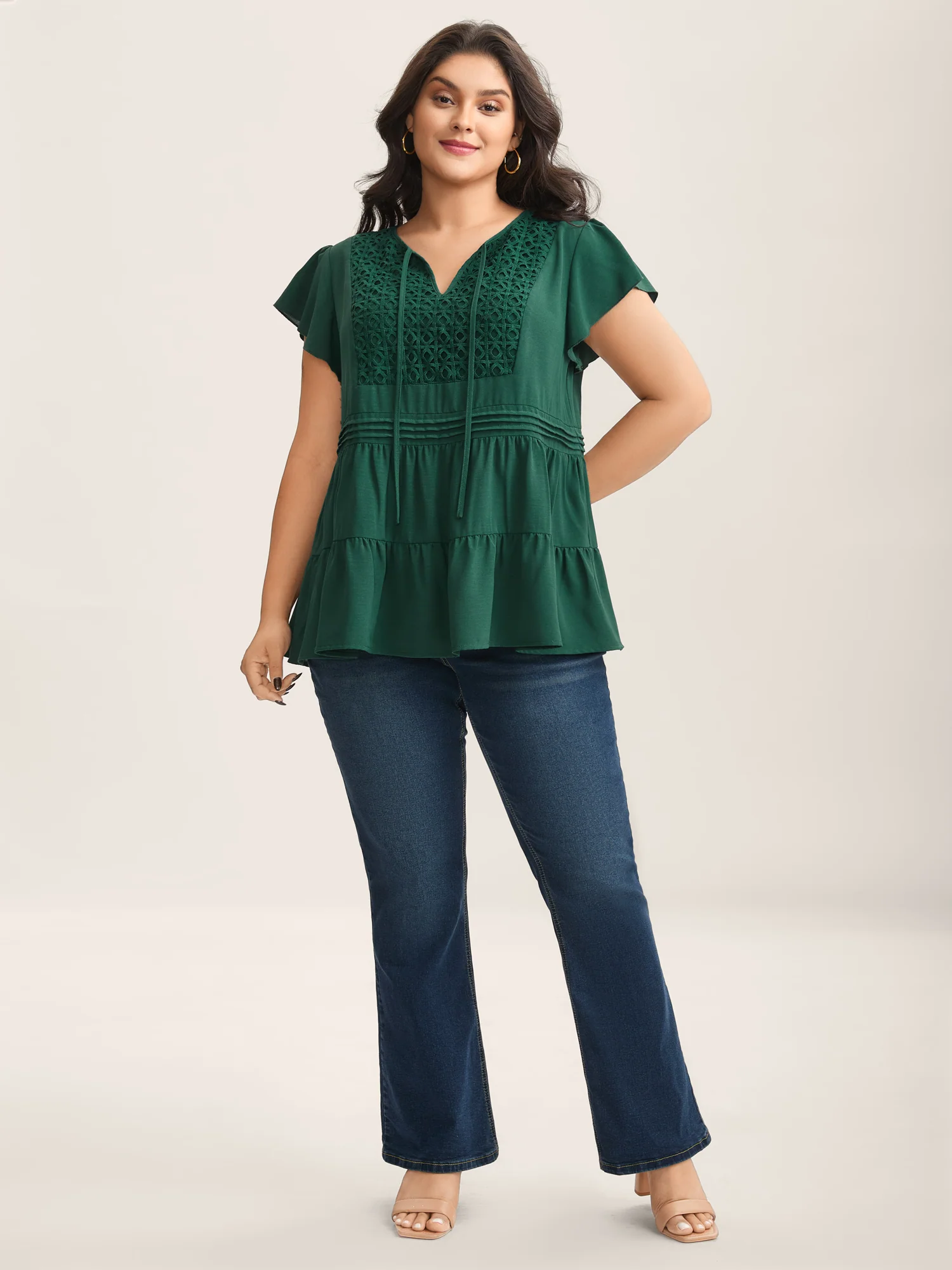 Textured Lace Tiered Solid Blouse - Image 3