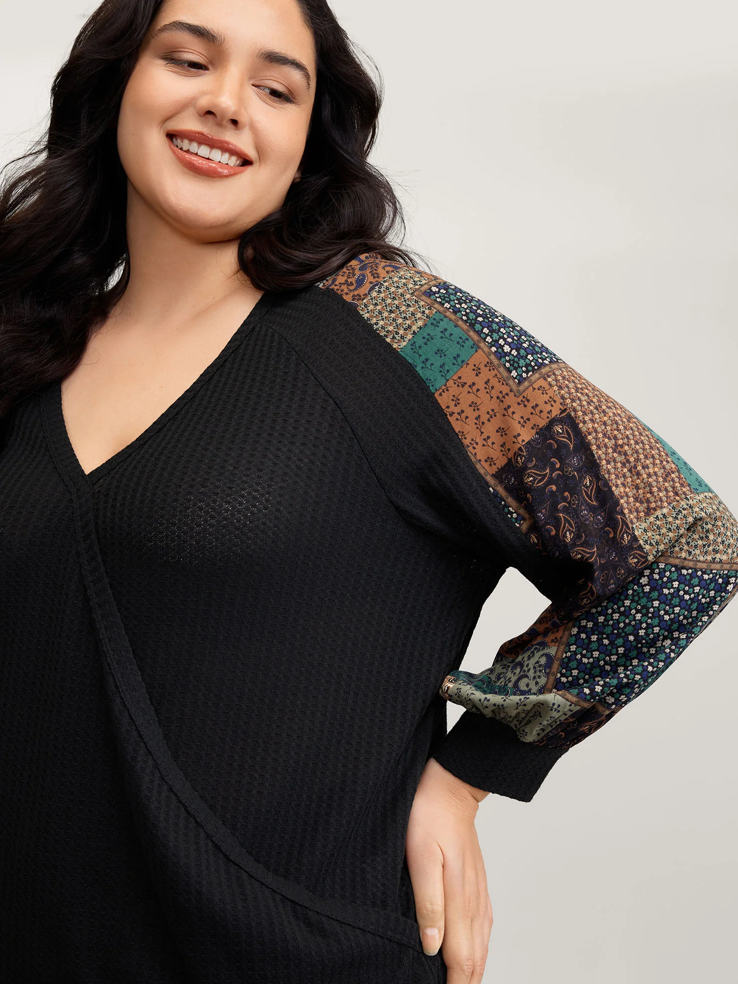 Textured Lace Trim Contrast Sleeve Sweatshirt - Image 2