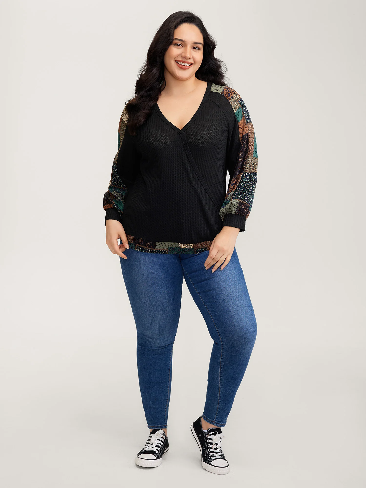 Textured Lace Trim Contrast Sleeve Sweatshirt - Image 3