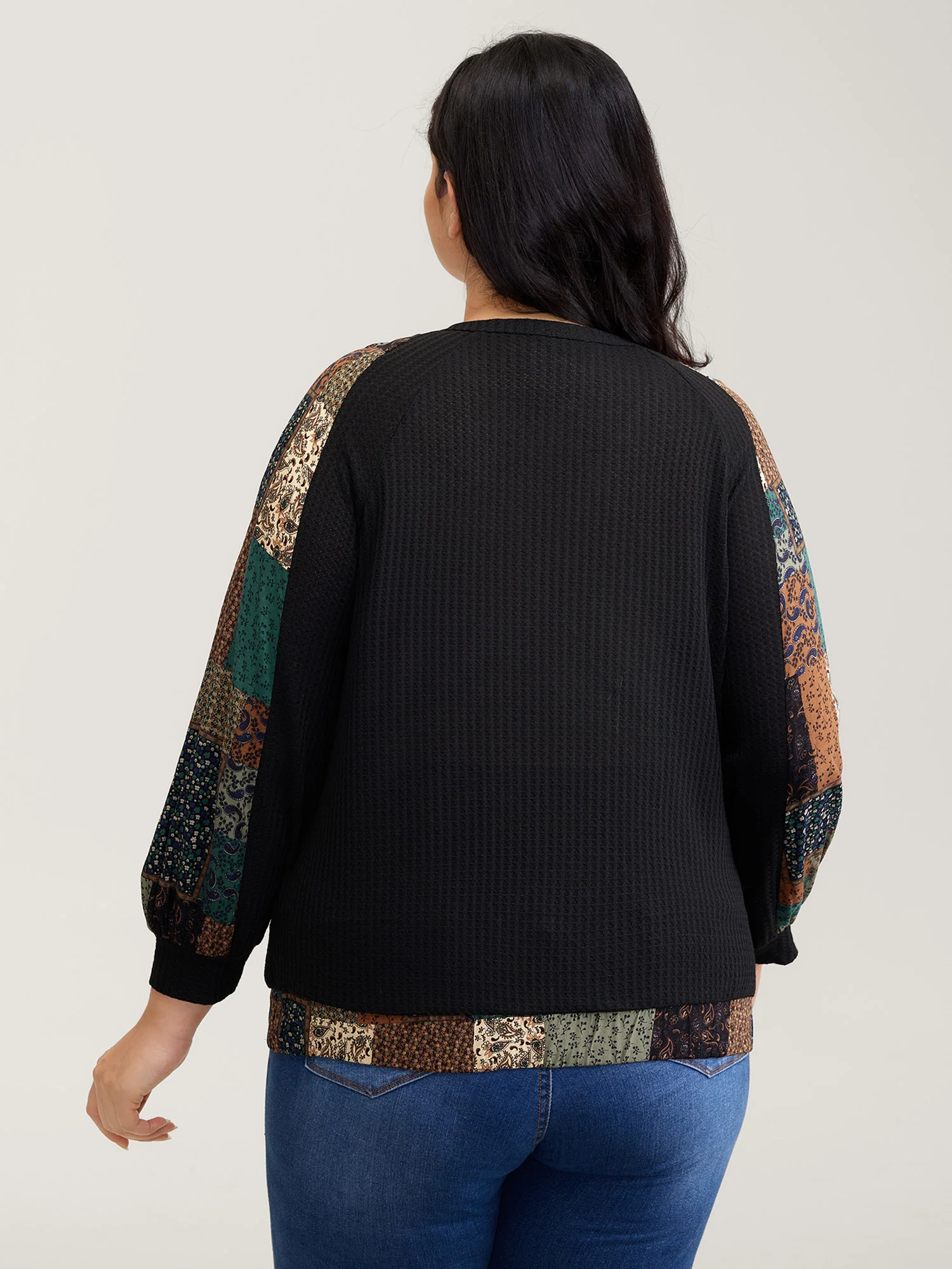 Textured Lace Trim Contrast Sleeve Sweatshirt - Image 4