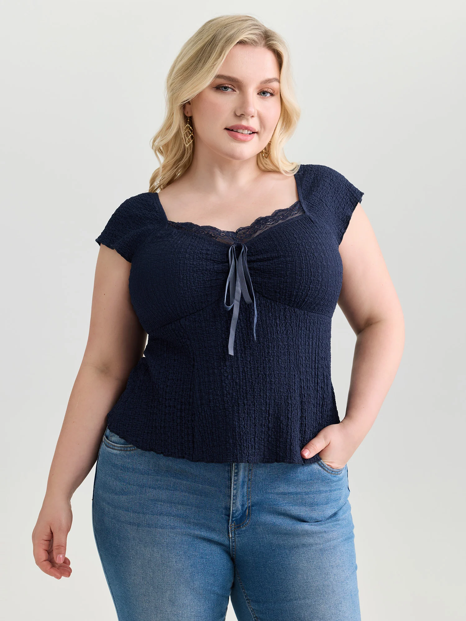 Textured Lace Trim Drawstring Fitted Top - Image 2