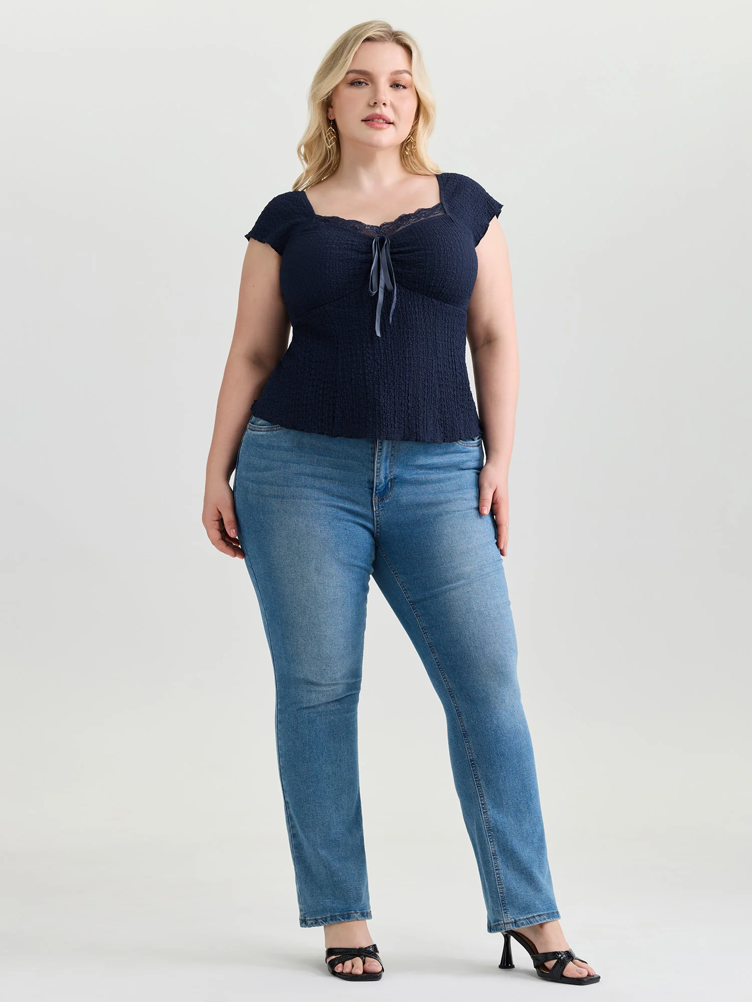 Textured Lace Trim Drawstring Fitted Top - Image 3