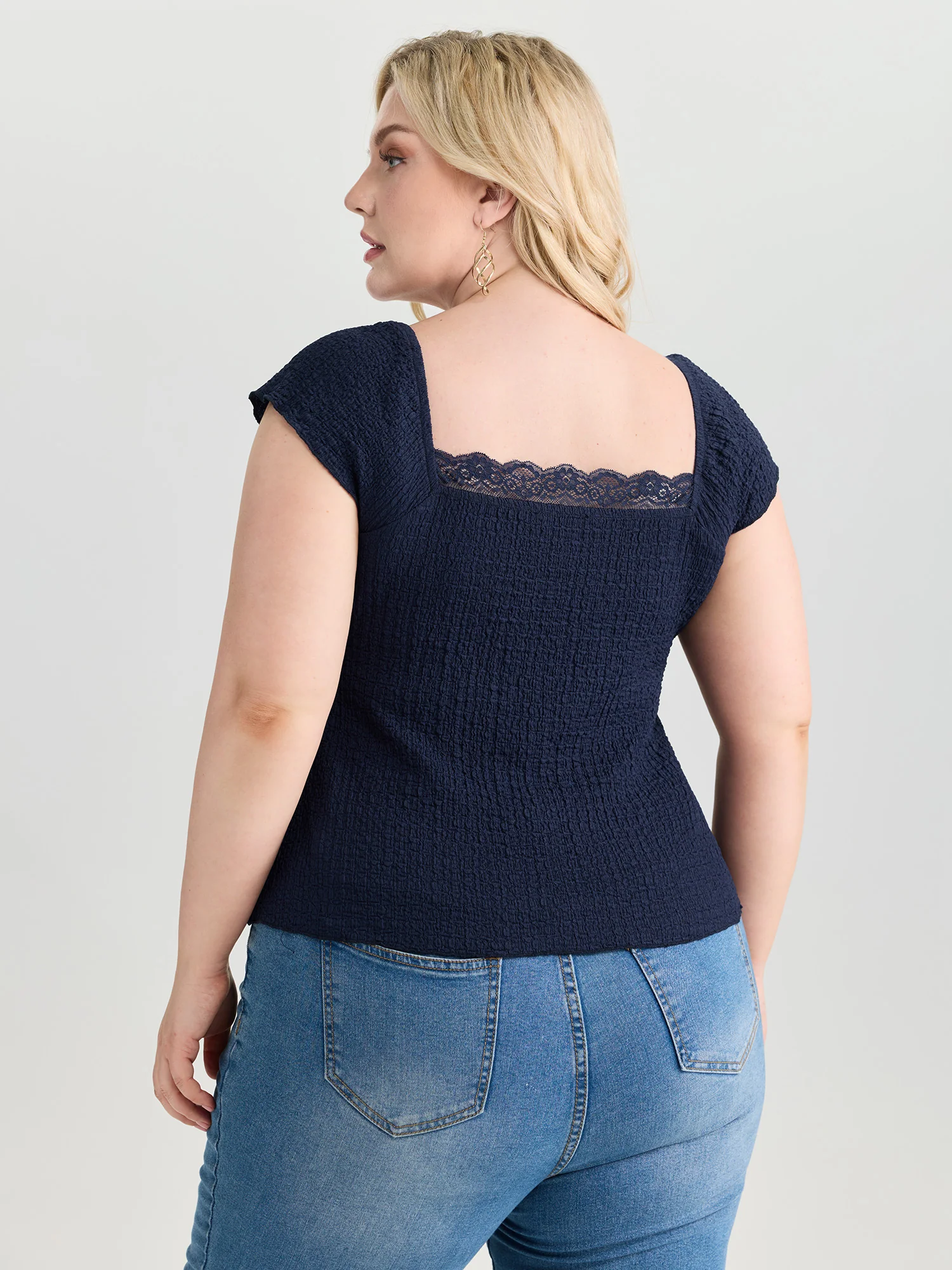 Textured Lace Trim Drawstring Fitted Top - Image 4