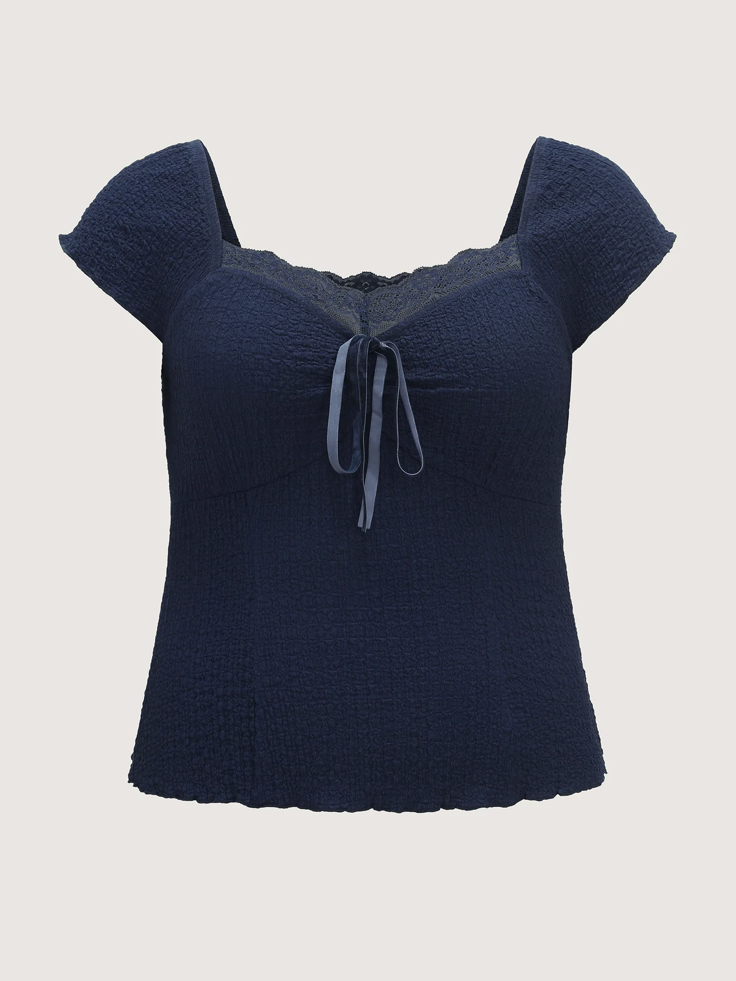 Textured Lace Trim Drawstring Fitted Top - Image 7