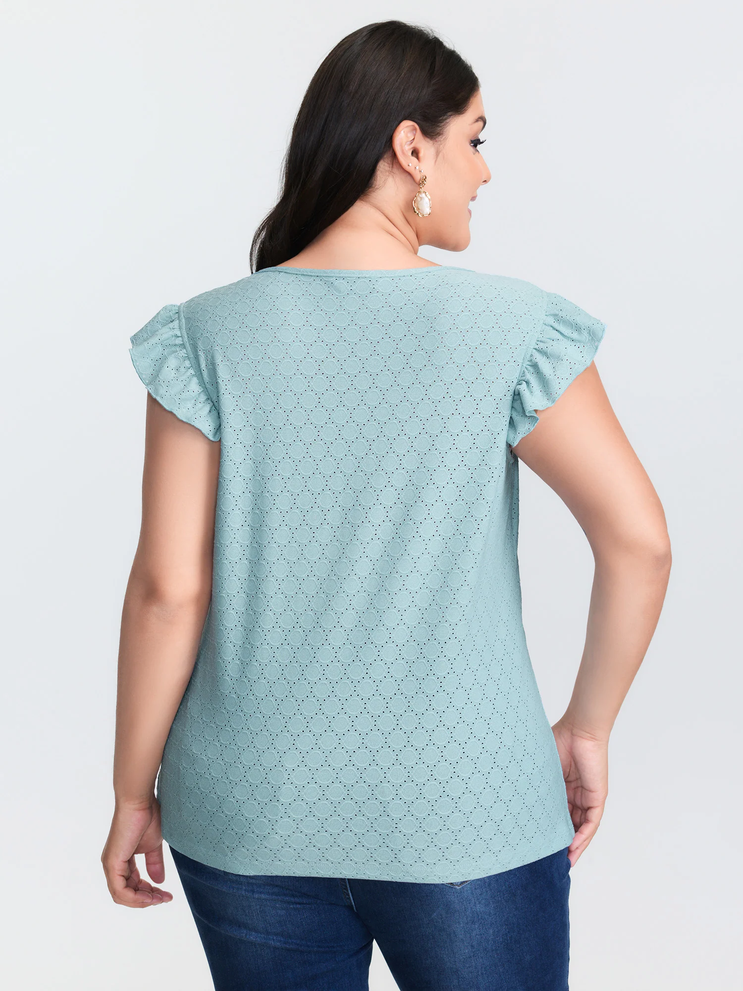 Textured Lace Trim Flutter Sleeve T-Shirt - Image 4
