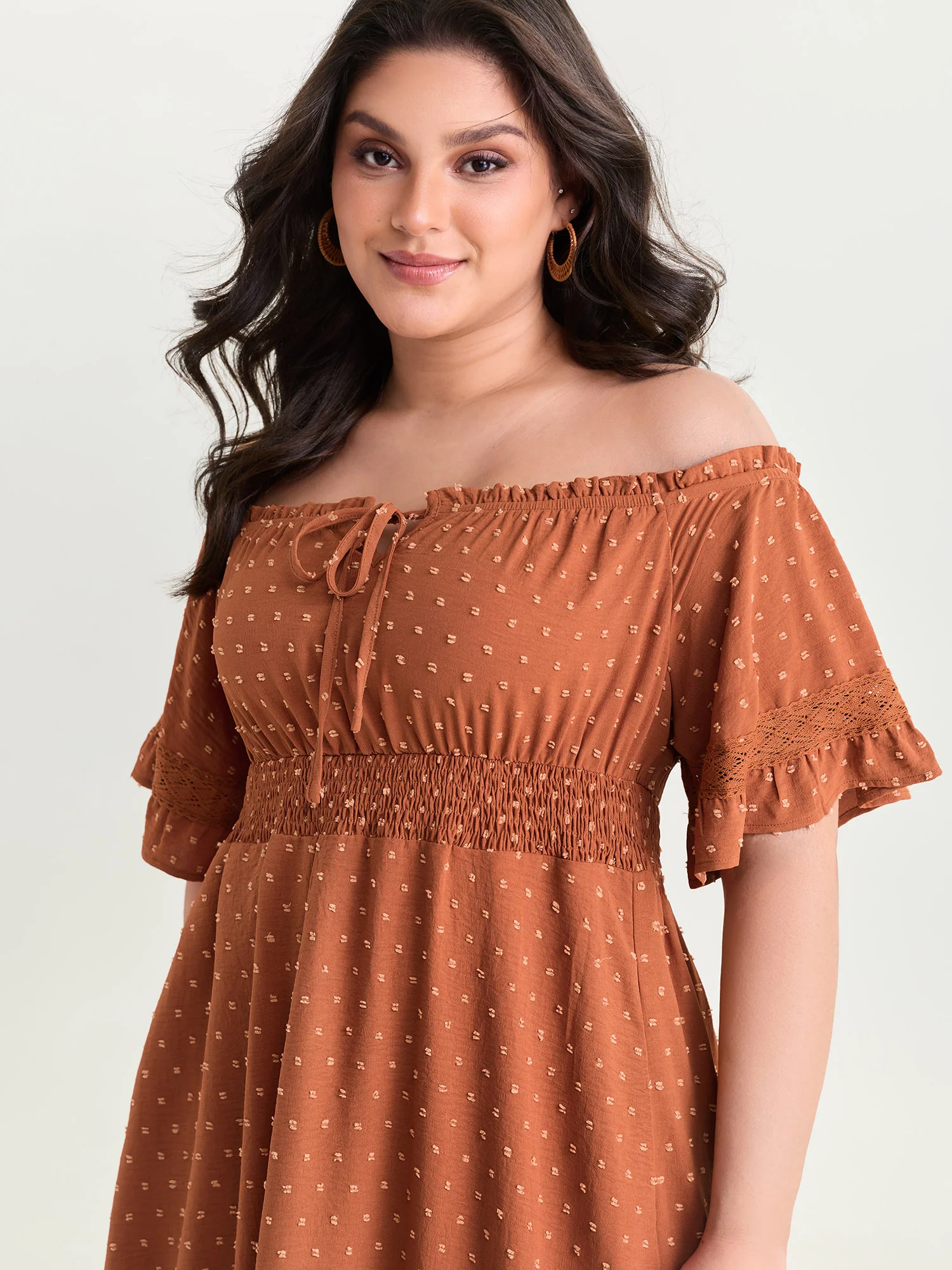 Textured Lace Trim Off-Shoulder Midi Dress - Image 2