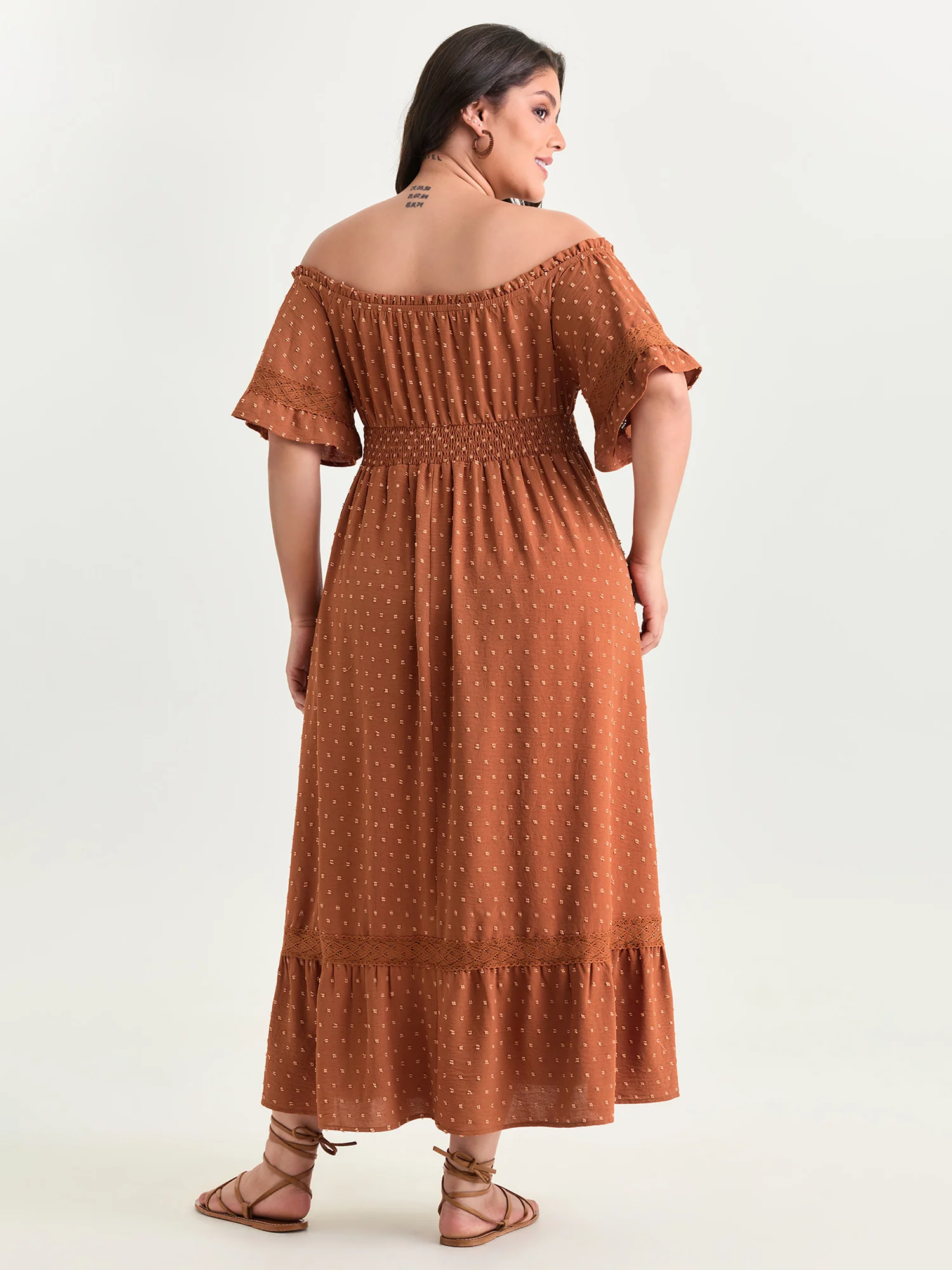 Textured Lace Trim Off-Shoulder Midi Dress - Image 3